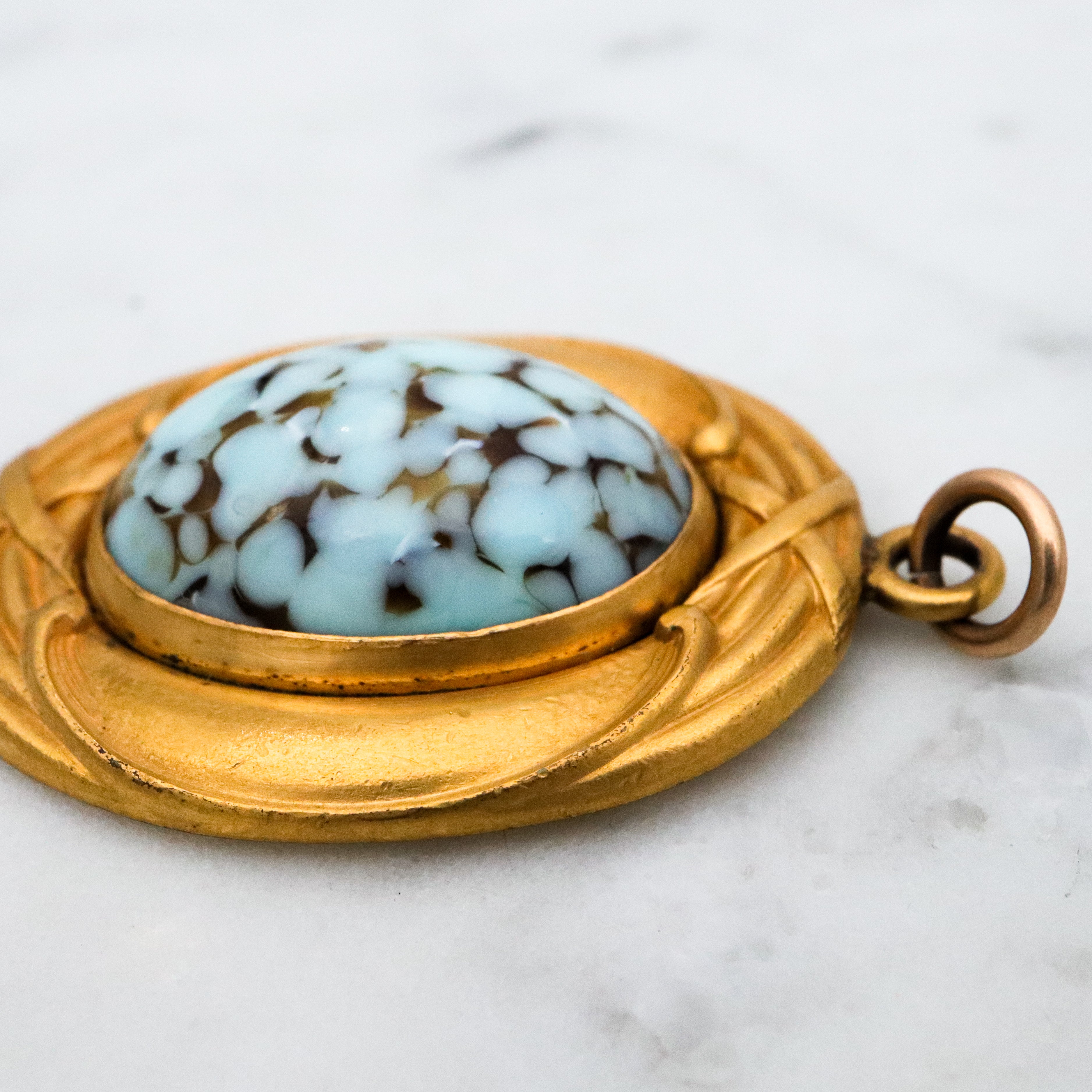Antique Art Nouveau rolled gold turquoise art glass pendant
