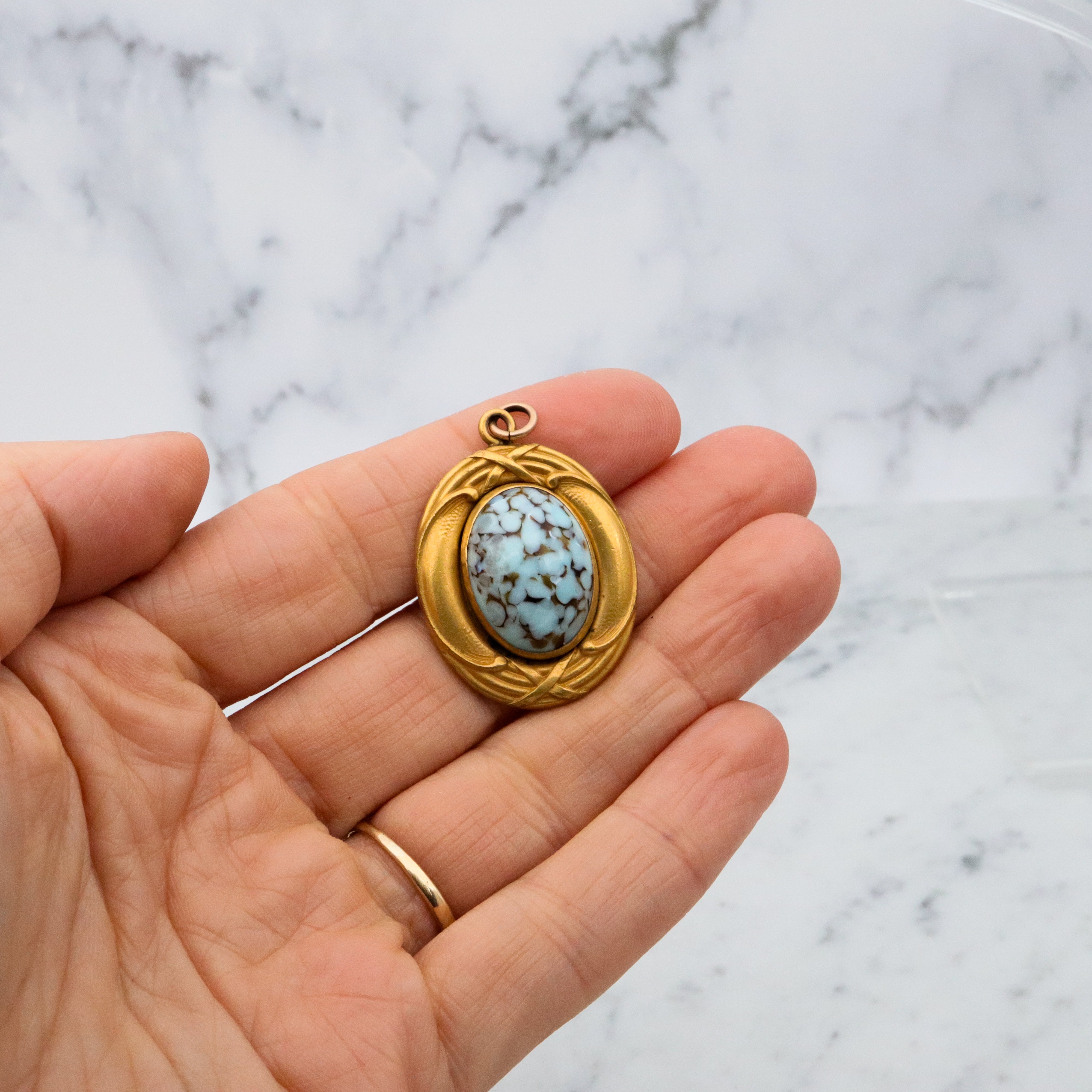 Antique Art Nouveau rolled gold turquoise art glass pendant