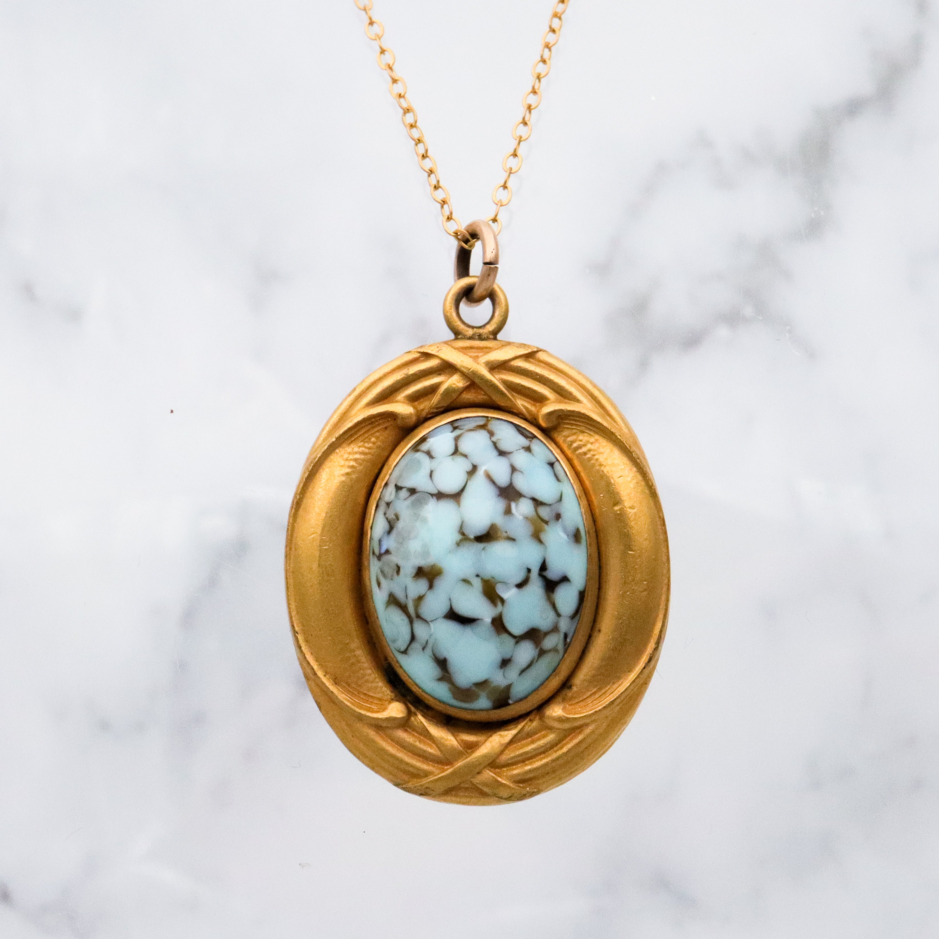 Antique Art Nouveau rolled gold turquoise art glass pendant