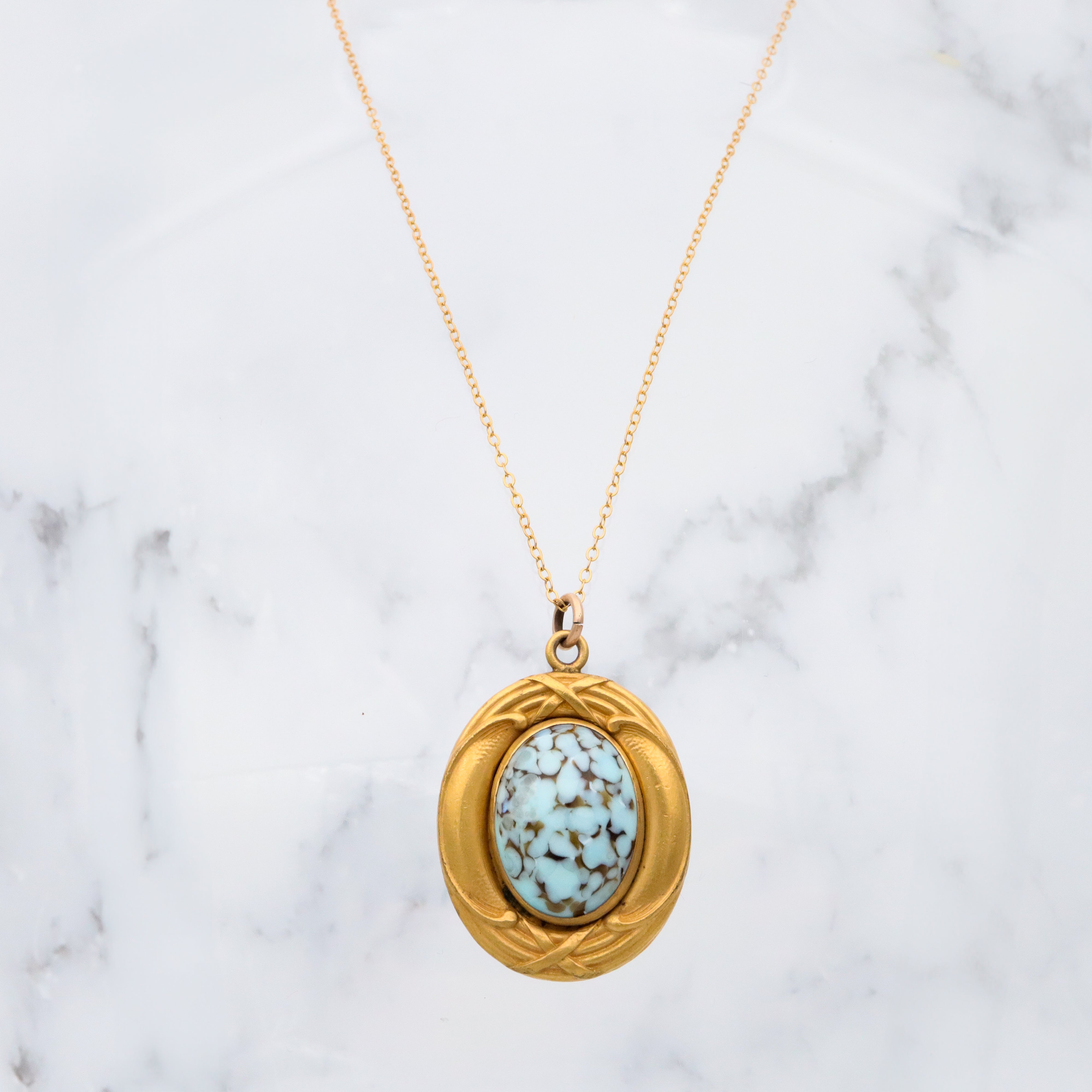 Antique Art Nouveau rolled gold turquoise art glass pendant