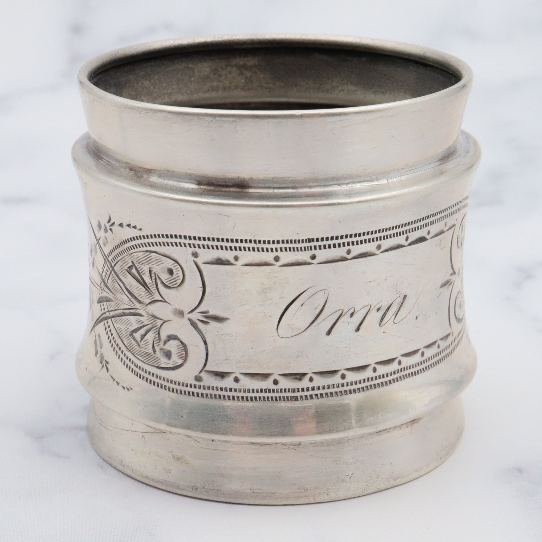 Antique Aesthetic period American coin silver napkin ring engraved "Orra"
