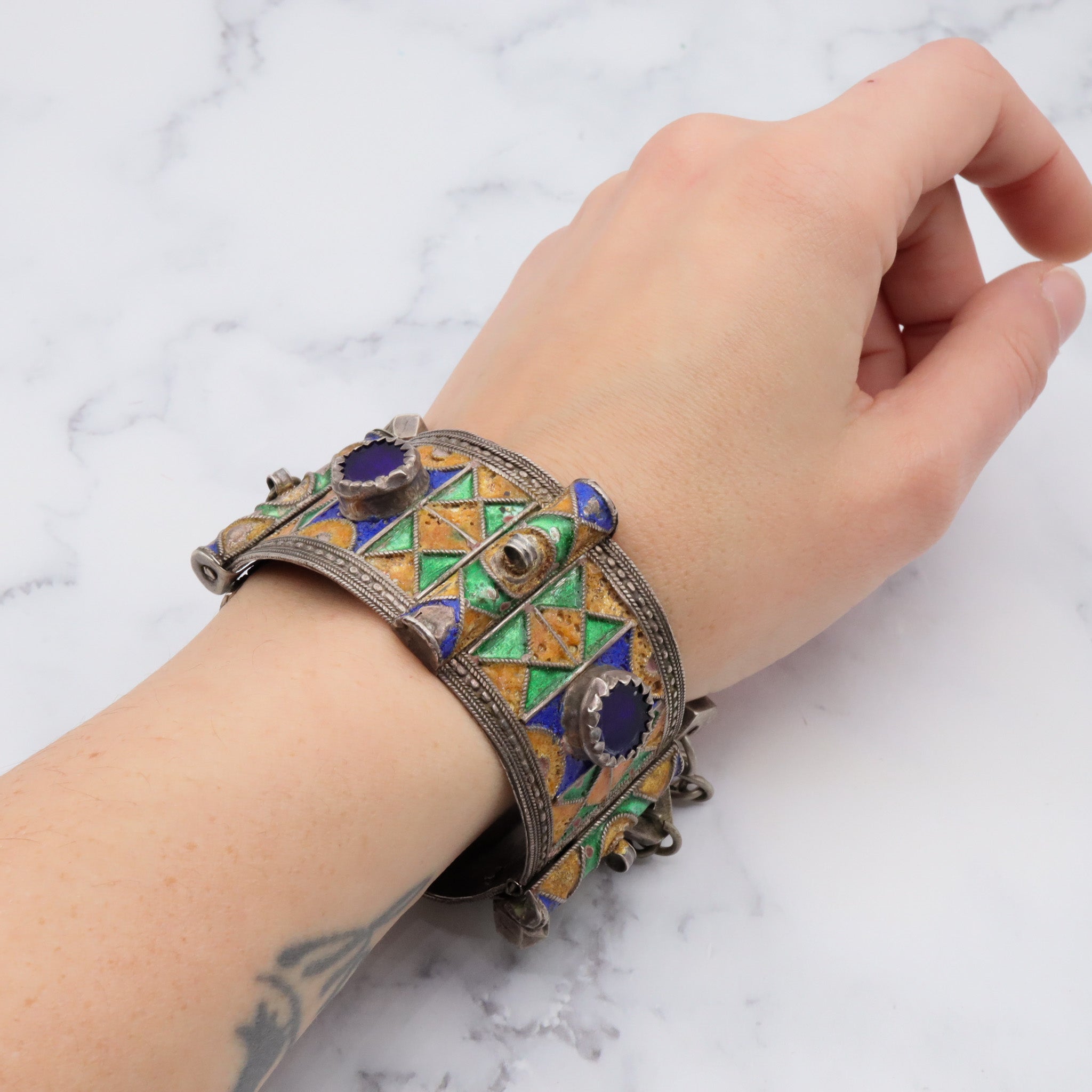 Antique Moroccan Berber sterling silver enamel and glass hinged cuff bracelet