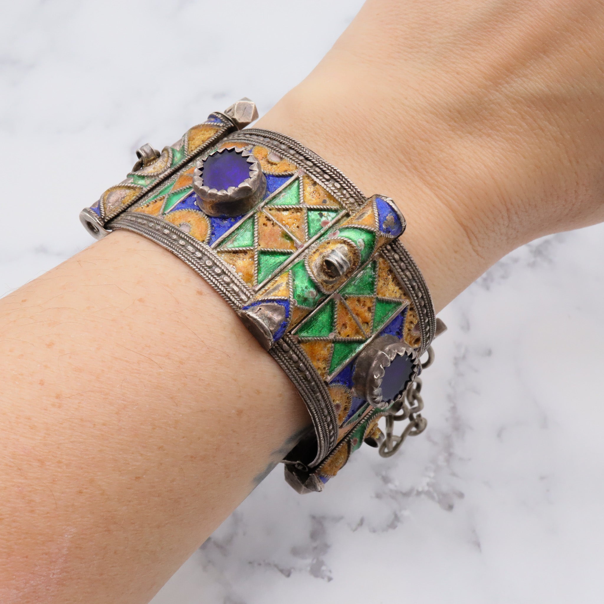 Antique Moroccan Berber sterling silver enamel and glass hinged cuff bracelet