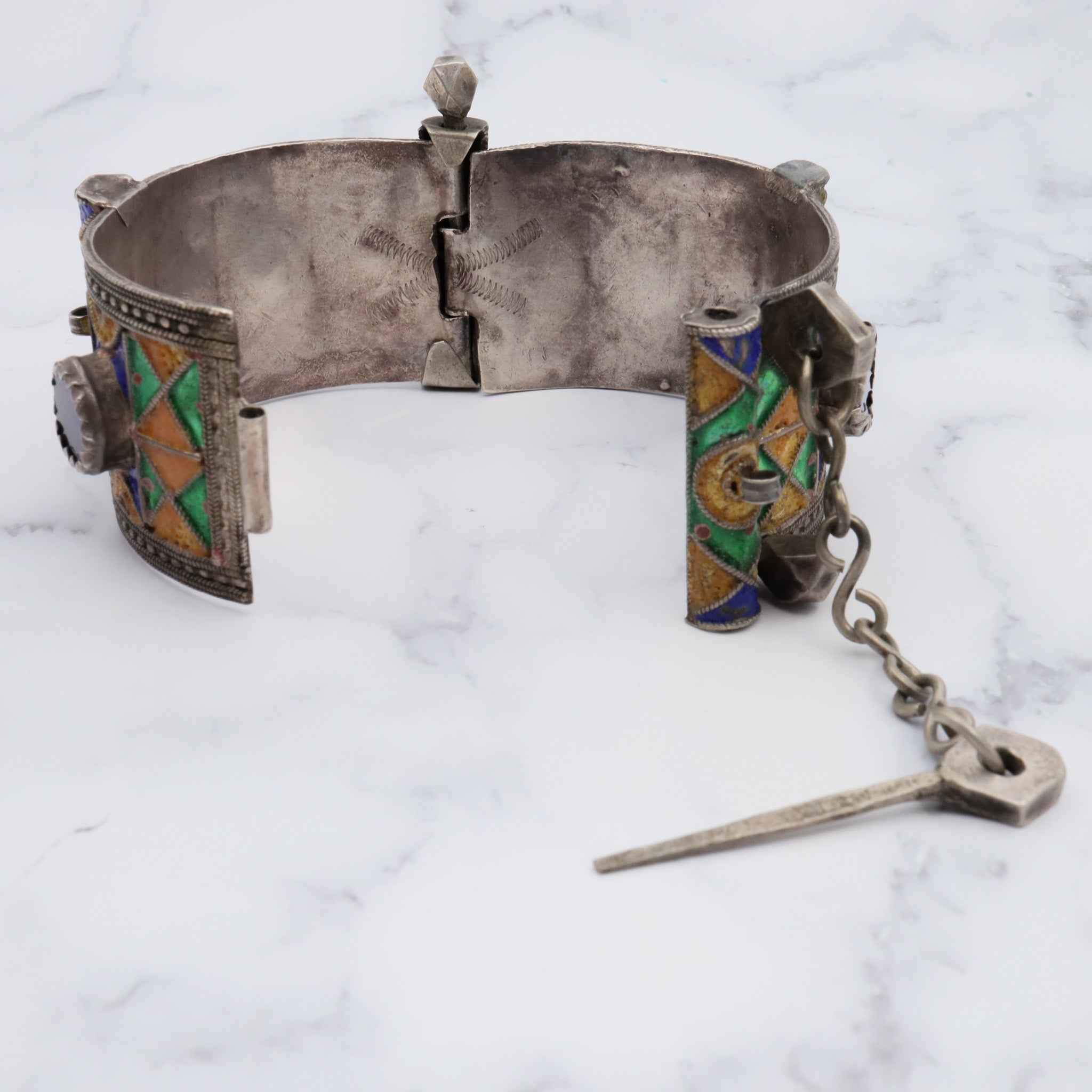 Antique Moroccan Berber sterling silver enamel and glass hinged cuff bracelet