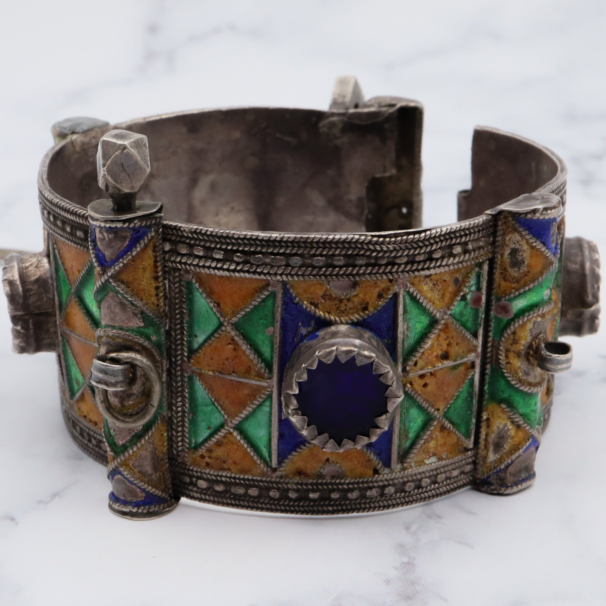 Antique Moroccan Berber sterling silver enamel and glass hinged cuff bracelet