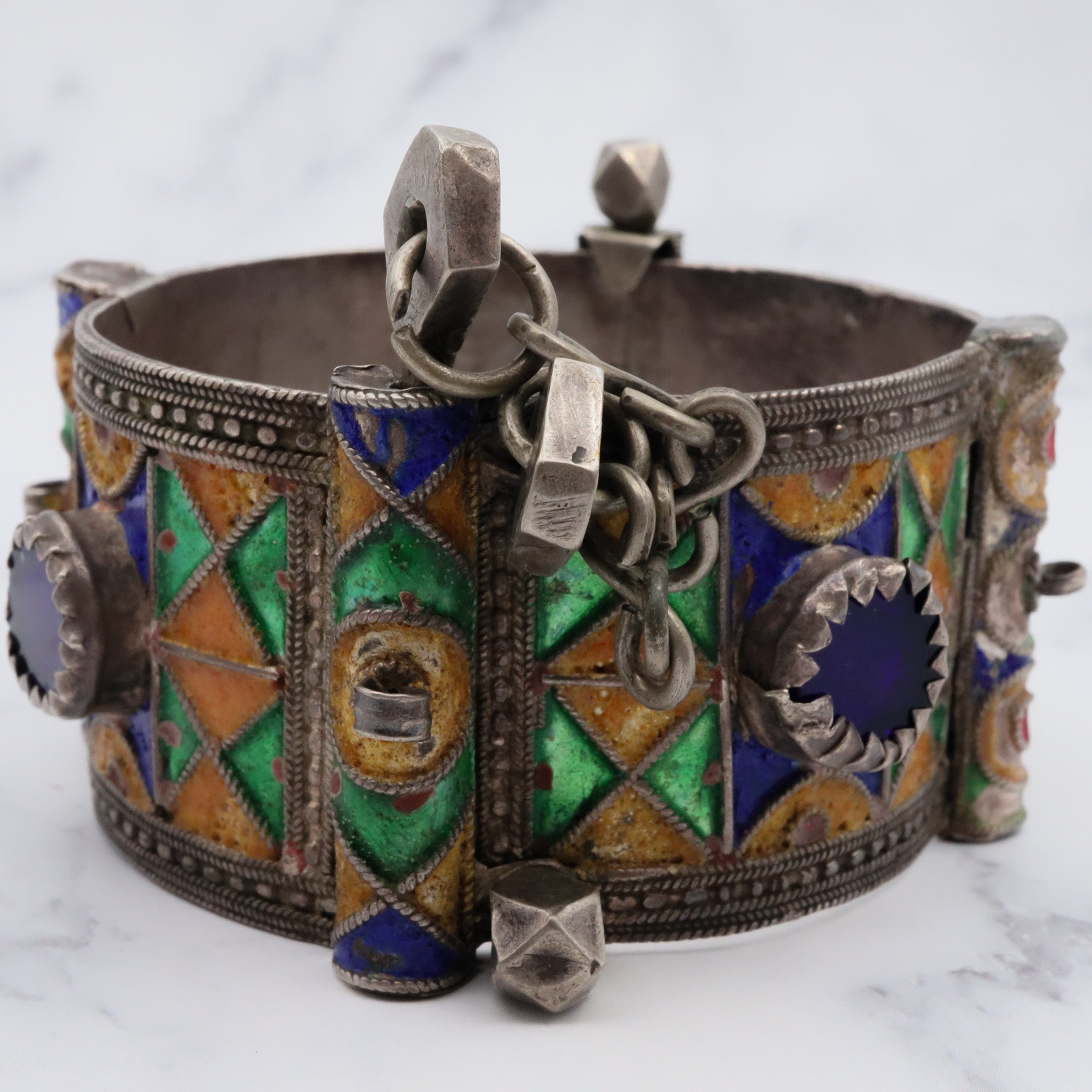 Antique Moroccan Berber sterling silver enamel and glass hinged cuff bracelet