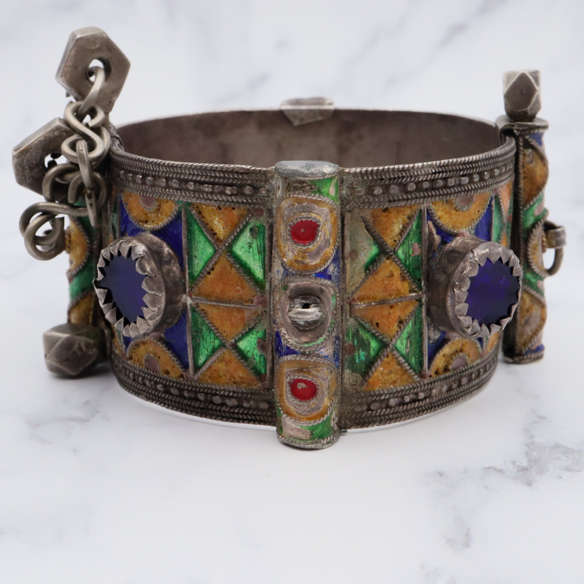 Antique Moroccan Berber sterling silver enamel and glass hinged cuff bracelet