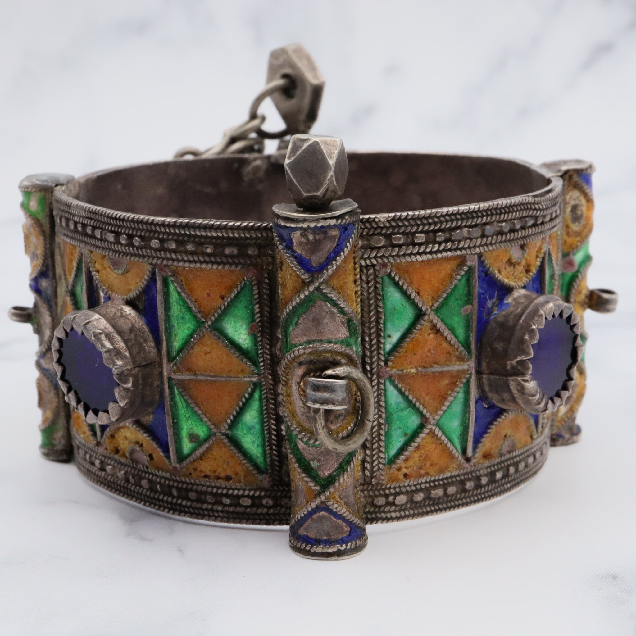 Antique Moroccan Berber sterling silver enamel and glass hinged cuff bracelet