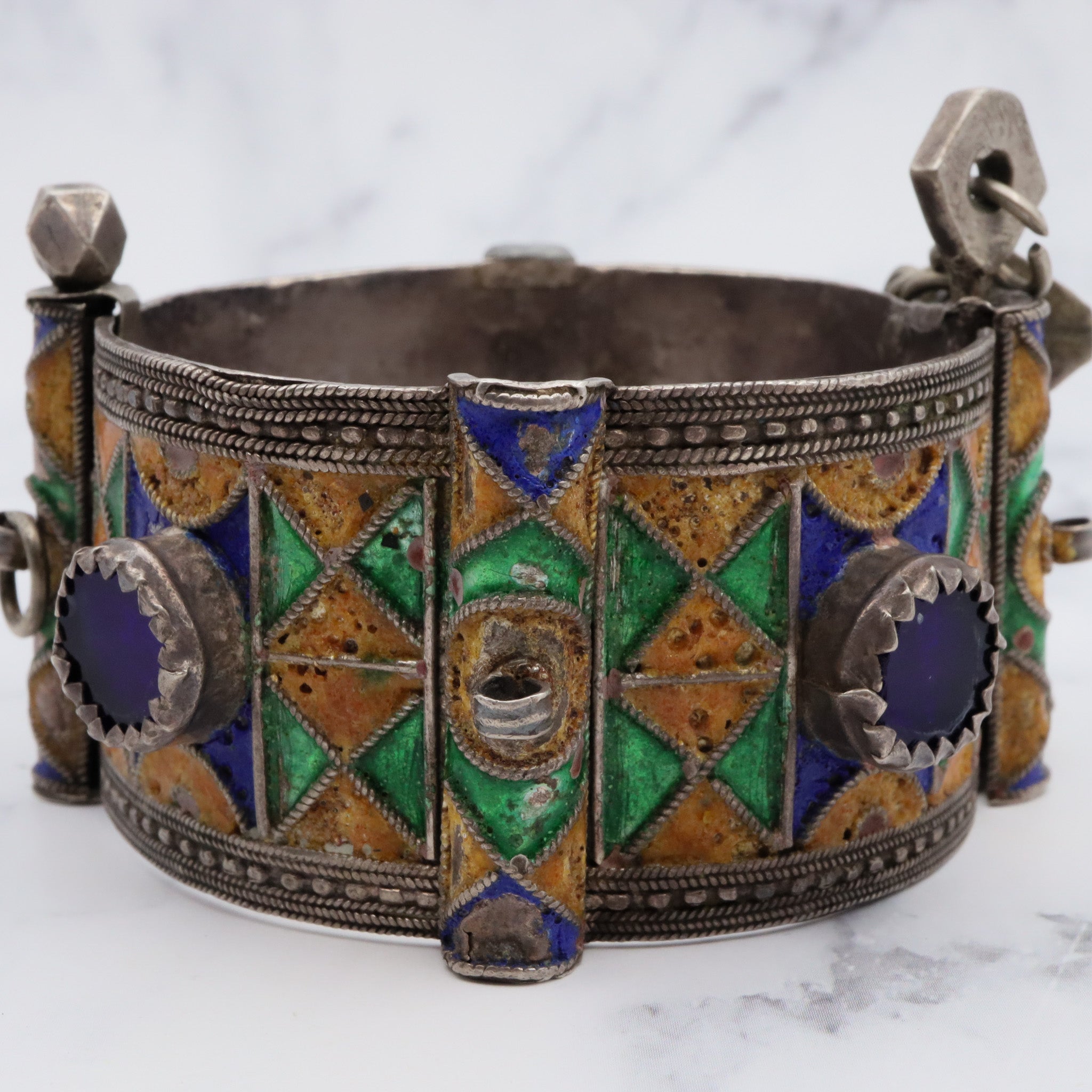 Antique Moroccan Berber sterling silver enamel and glass hinged cuff bracelet