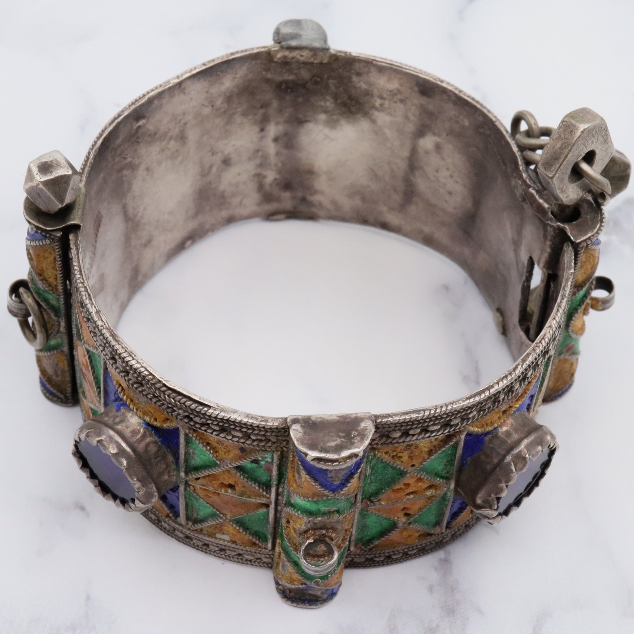 Antique Moroccan Berber sterling silver enamel and glass hinged cuff bracelet