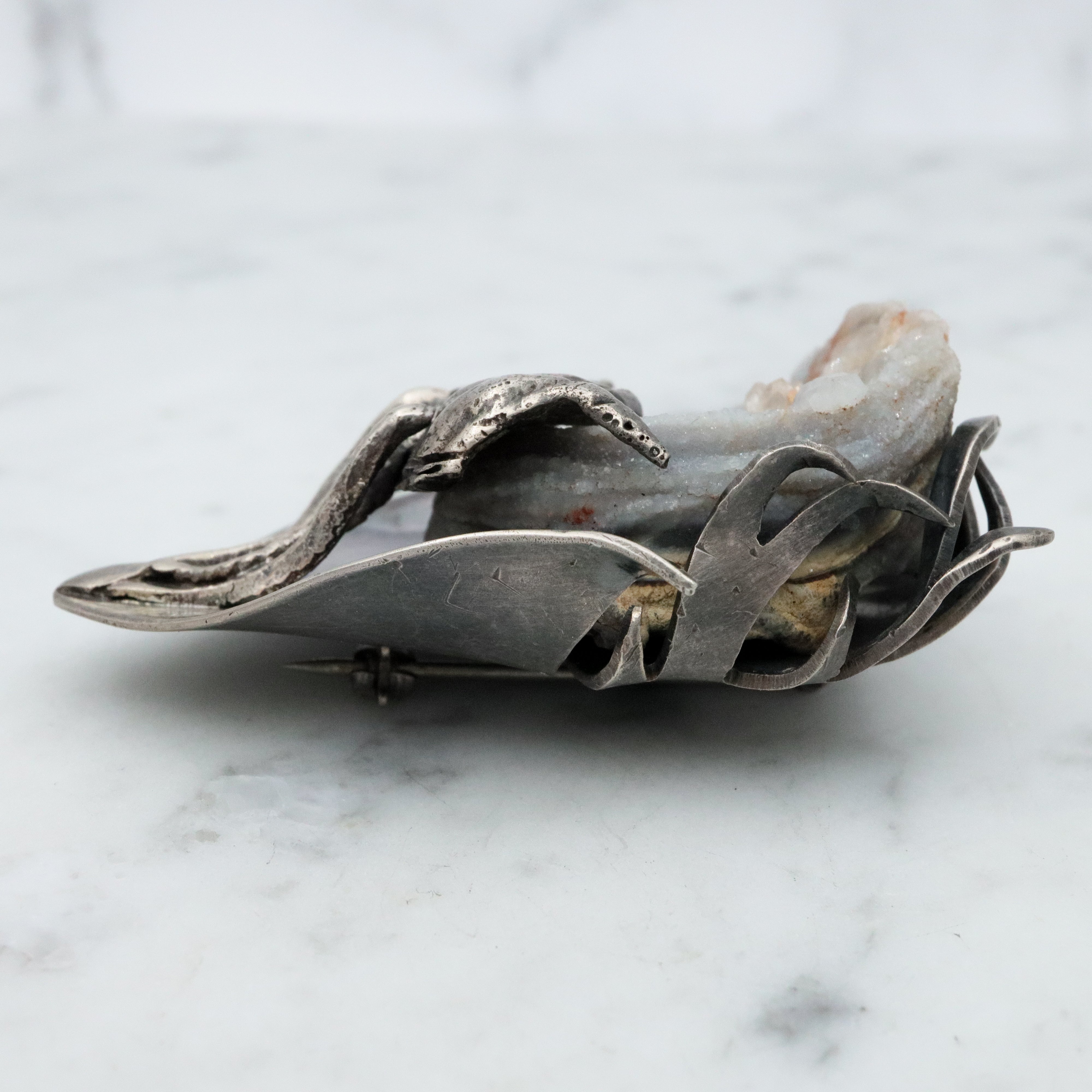 MCM handmade sterling agate druzy flower brooch