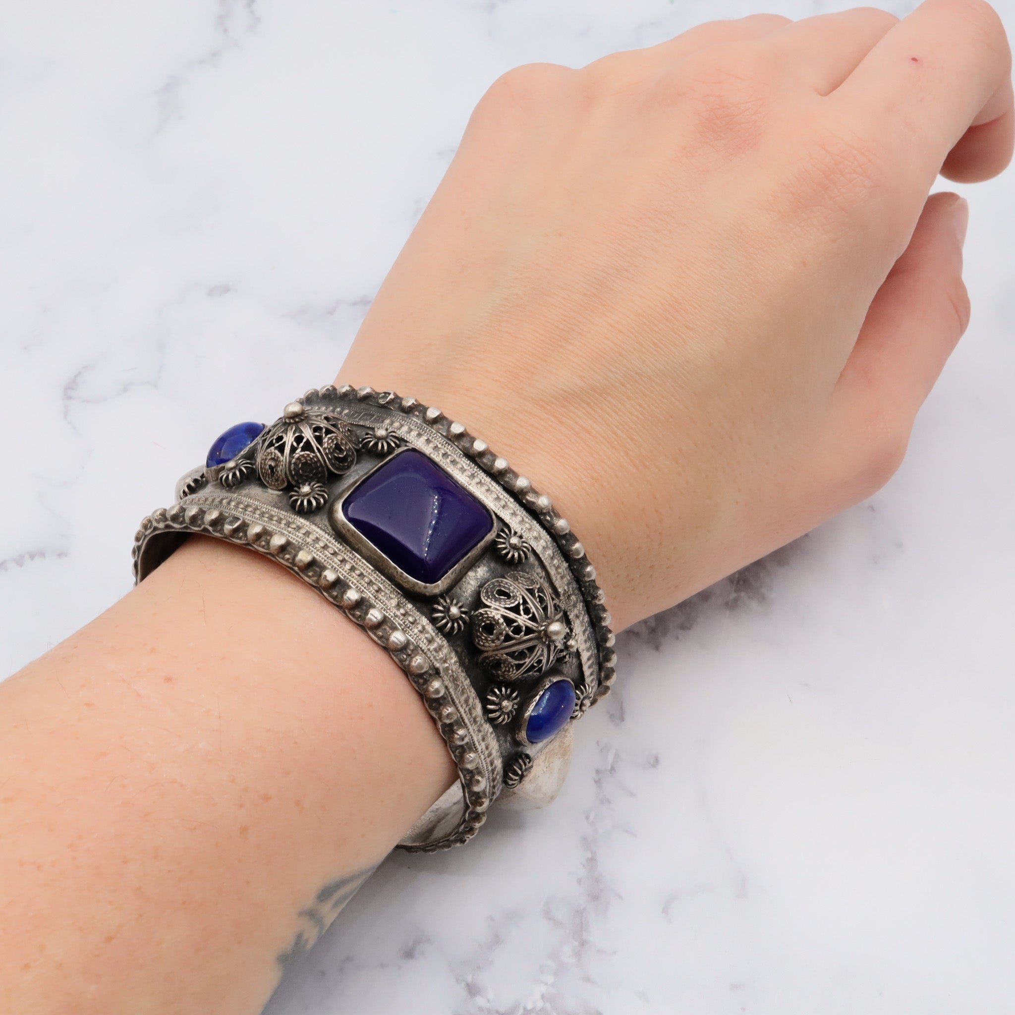 Antique Egyptian silver chunky tribal silver bangle with lapis art glass and cannetille filigree