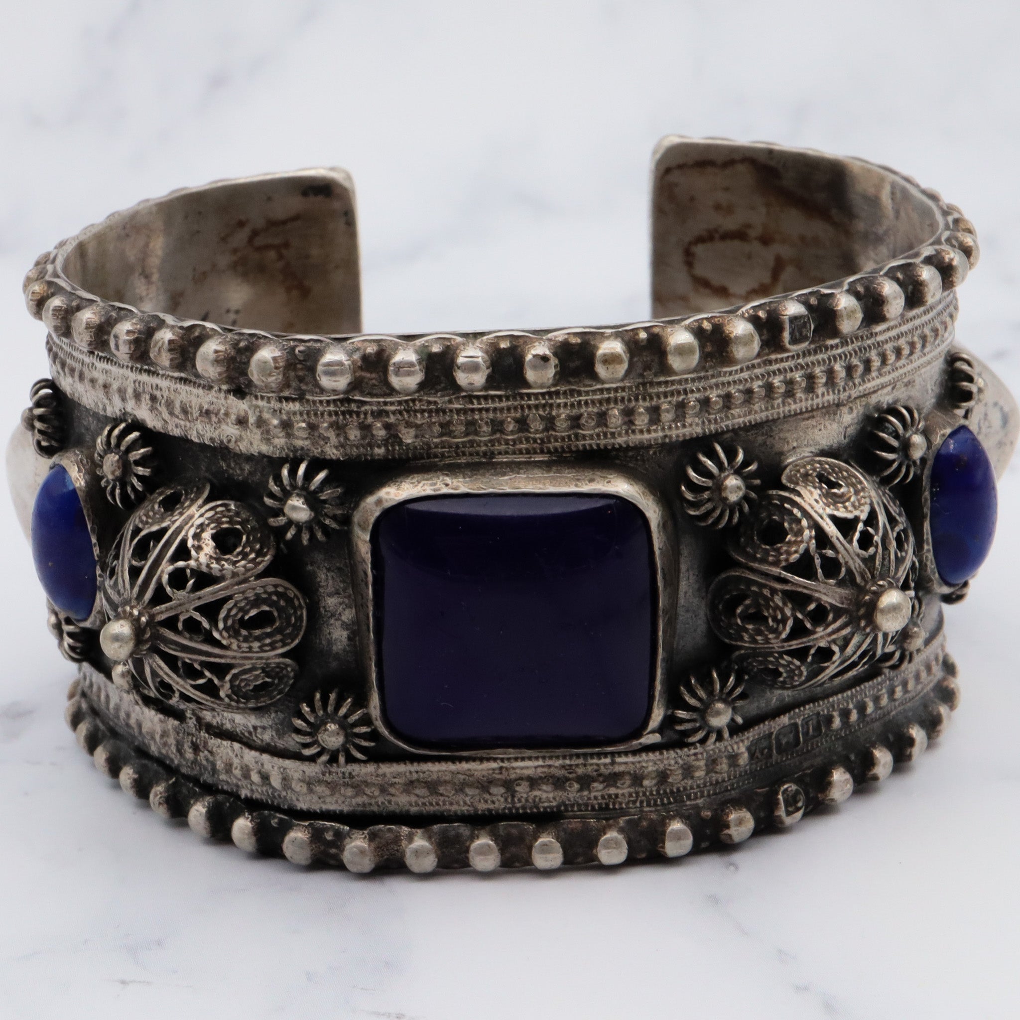 Antique Egyptian silver chunky tribal silver bangle with lapis art glass and cannetille filigree
