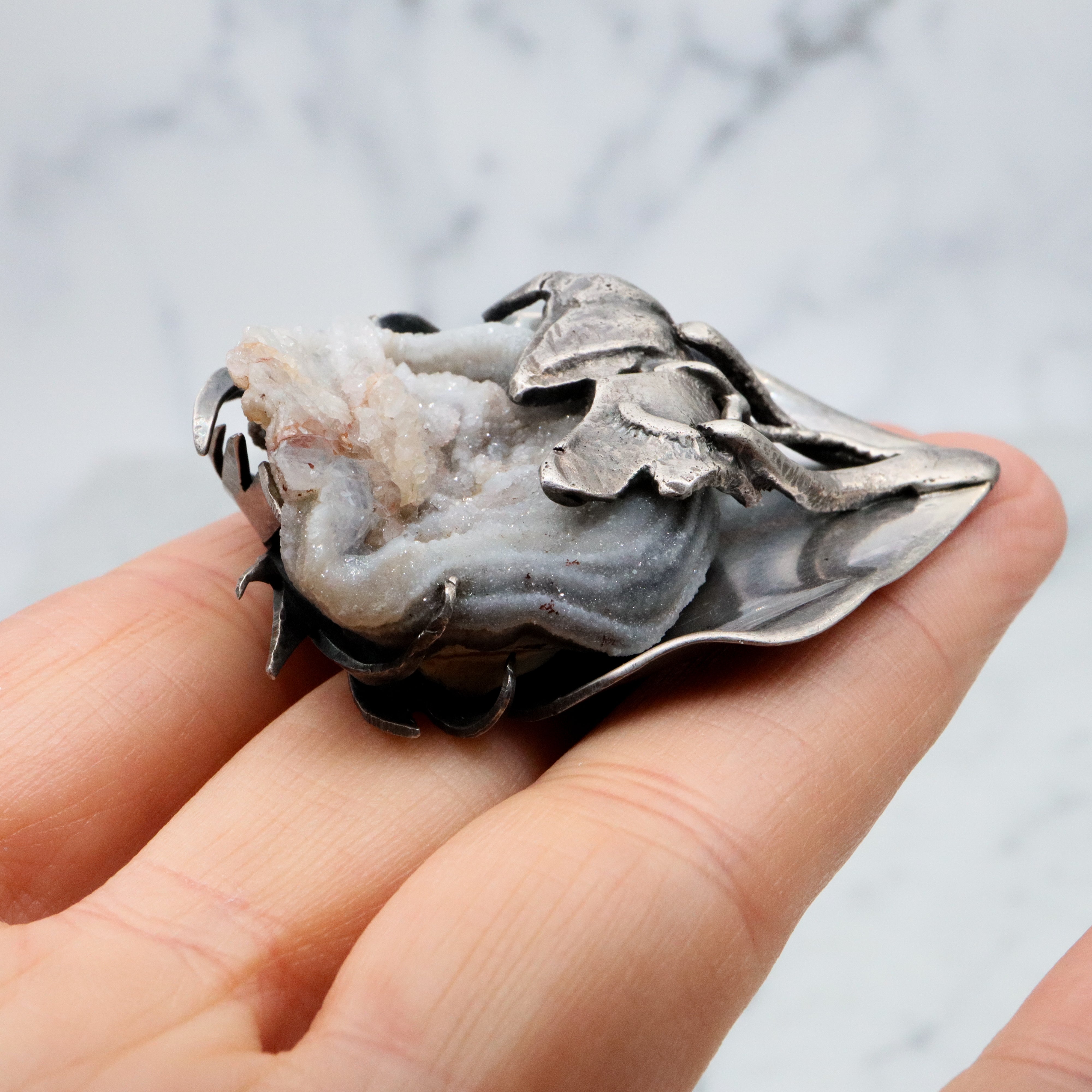 MCM handmade sterling agate druzy flower brooch