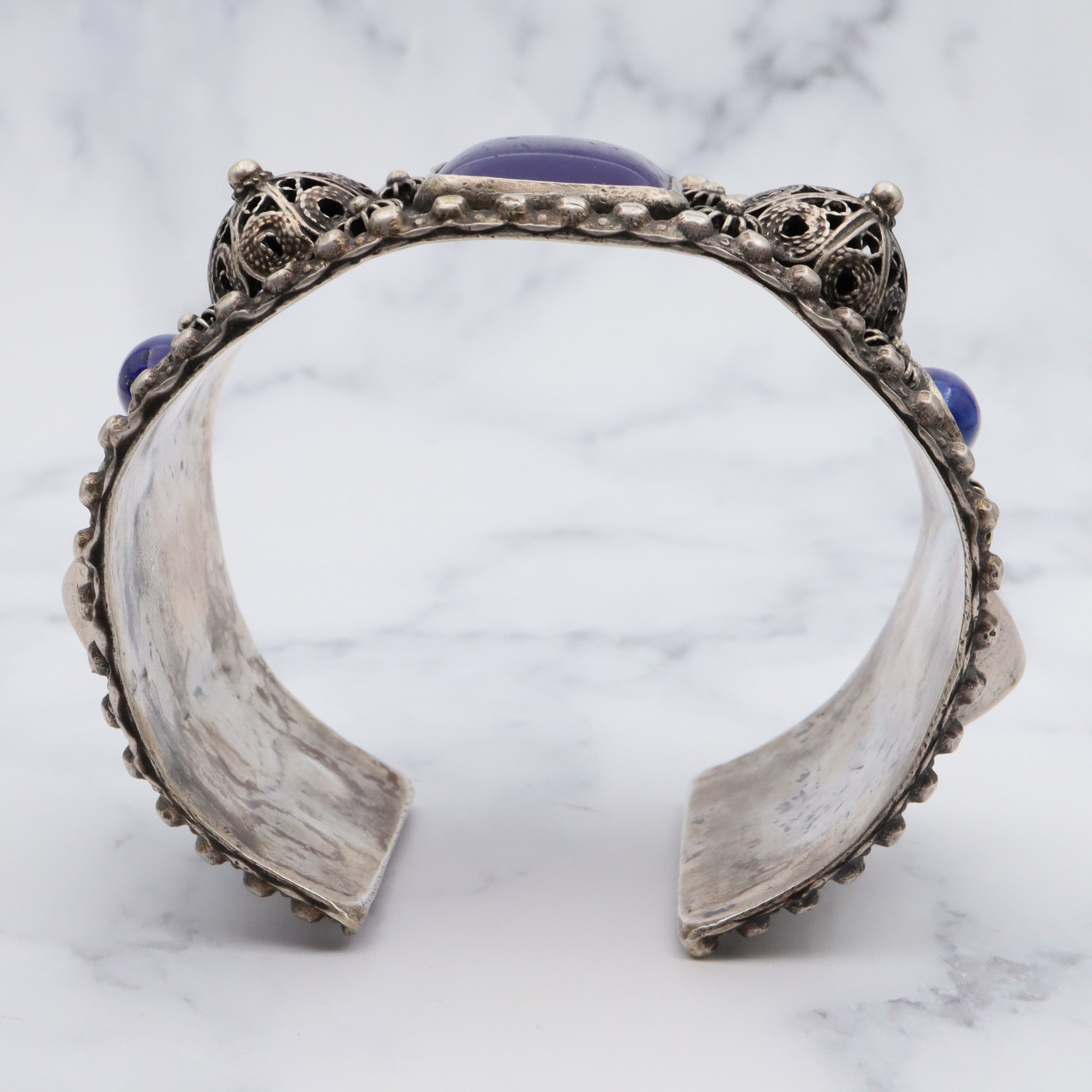 Antique Egyptian silver chunky tribal silver bangle with lapis art glass and cannetille filigree