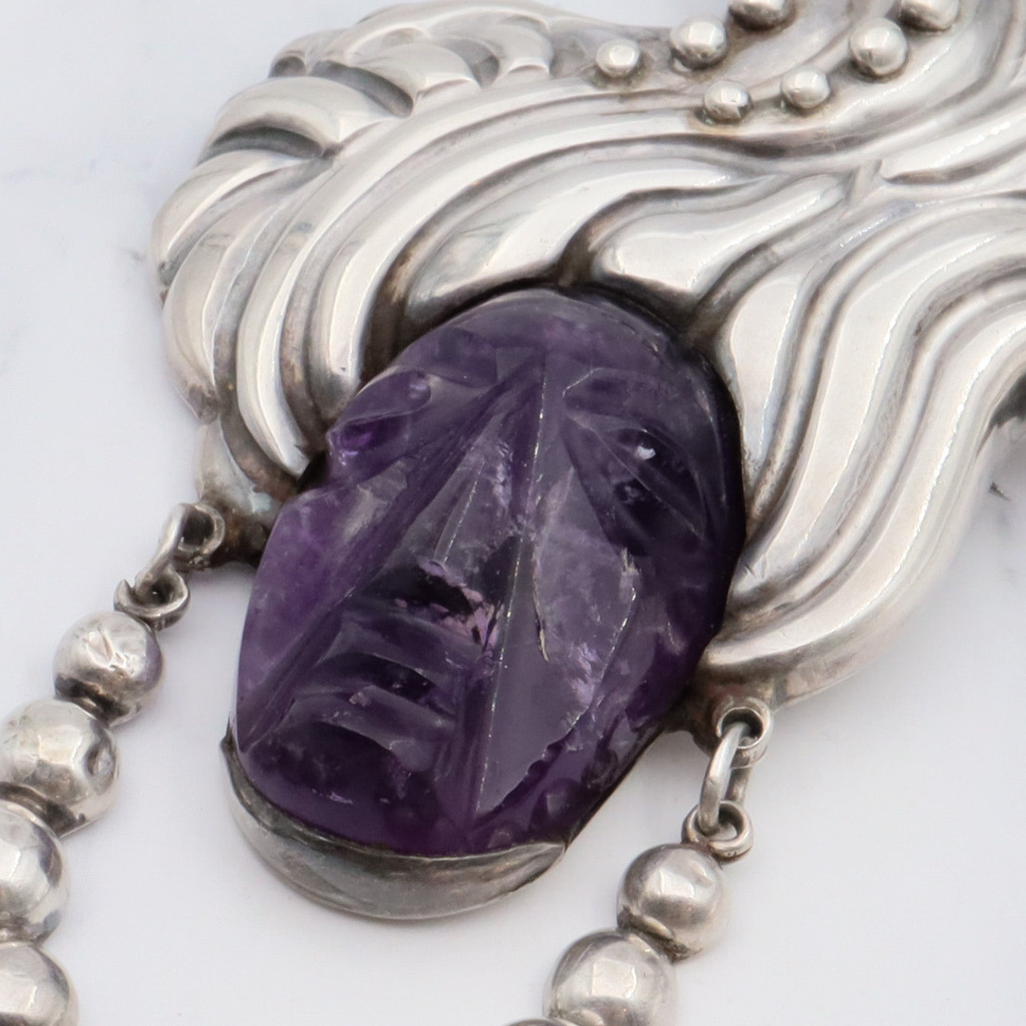 Amazing antique 1920's Mexican sterling silver carved amethyst warrior goddess brooch