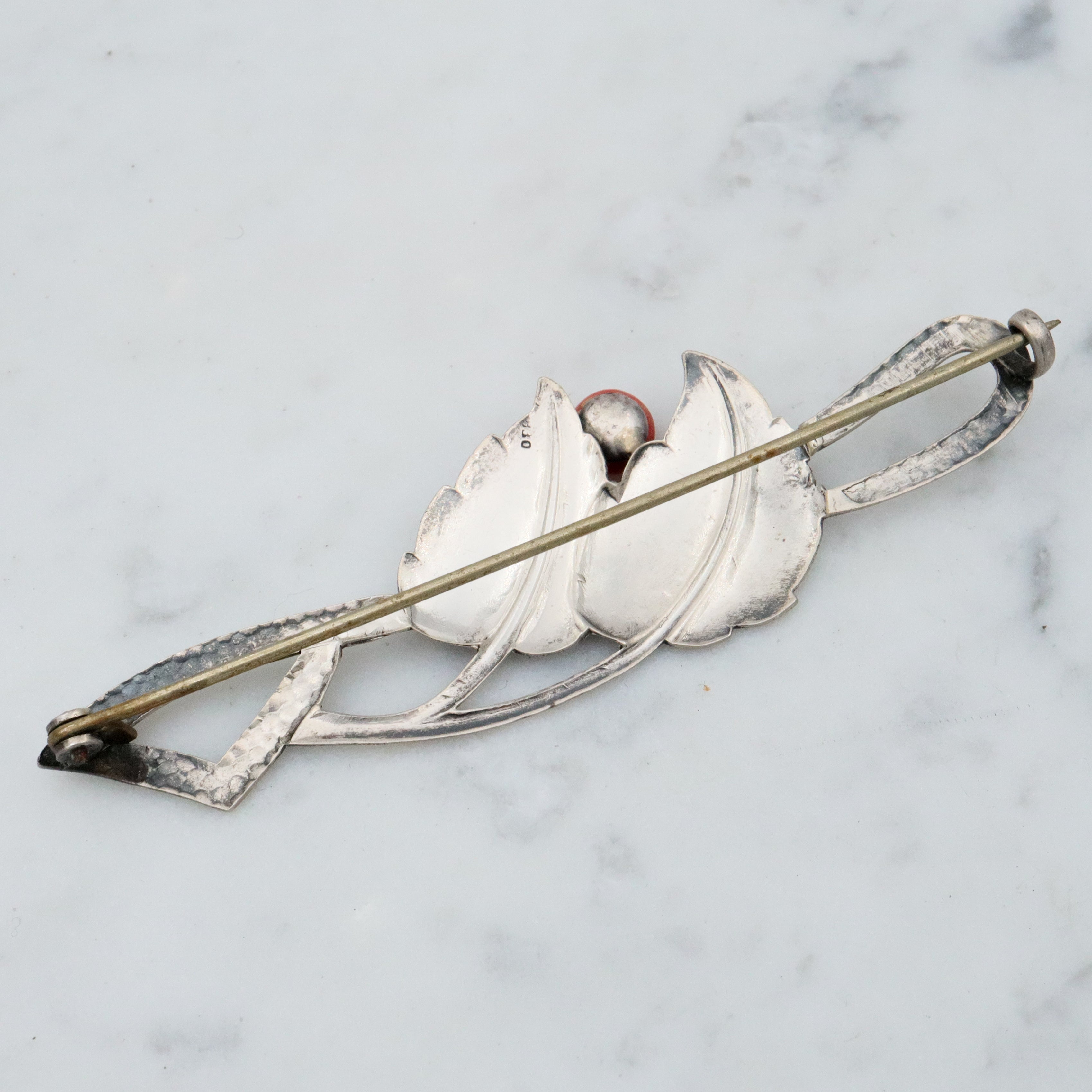 Antique Scandinavian Art Deco sterling coral leaf brooch