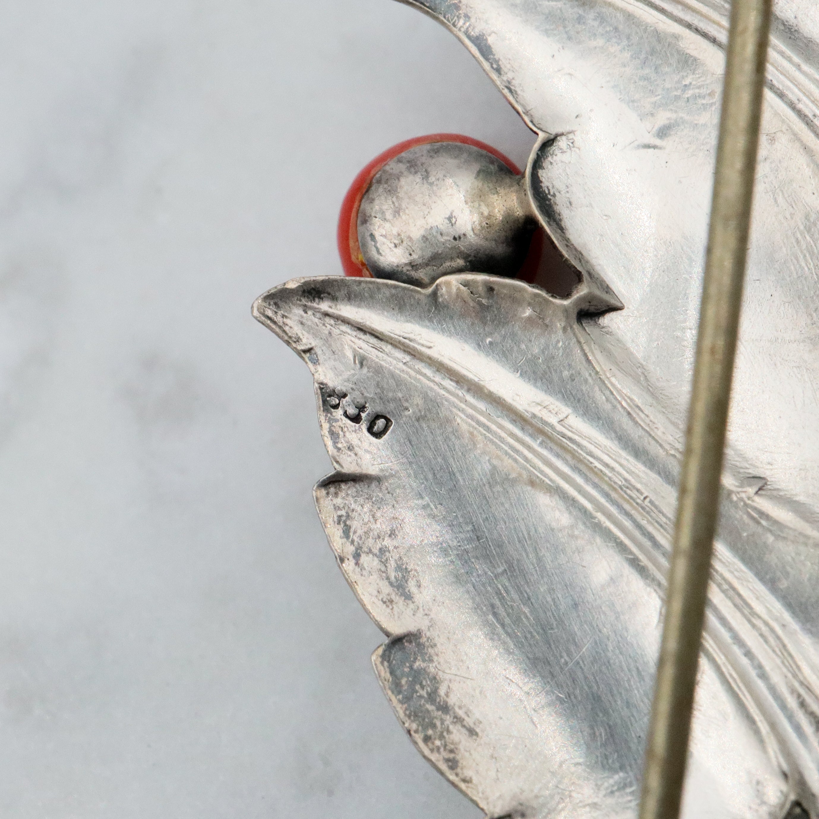 Antique Scandinavian Art Deco sterling coral leaf brooch