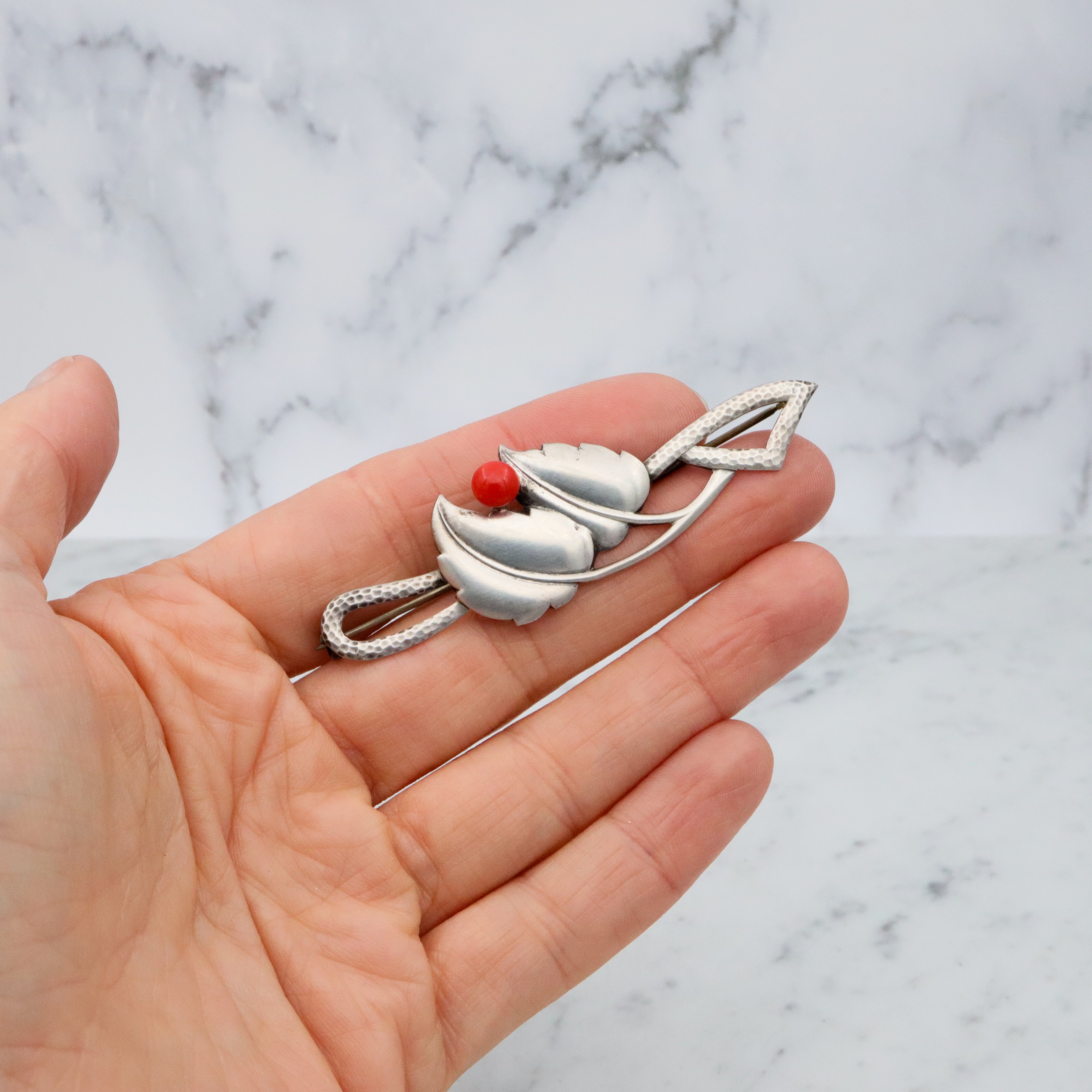 Antique Scandinavian Art Deco sterling coral leaf brooch