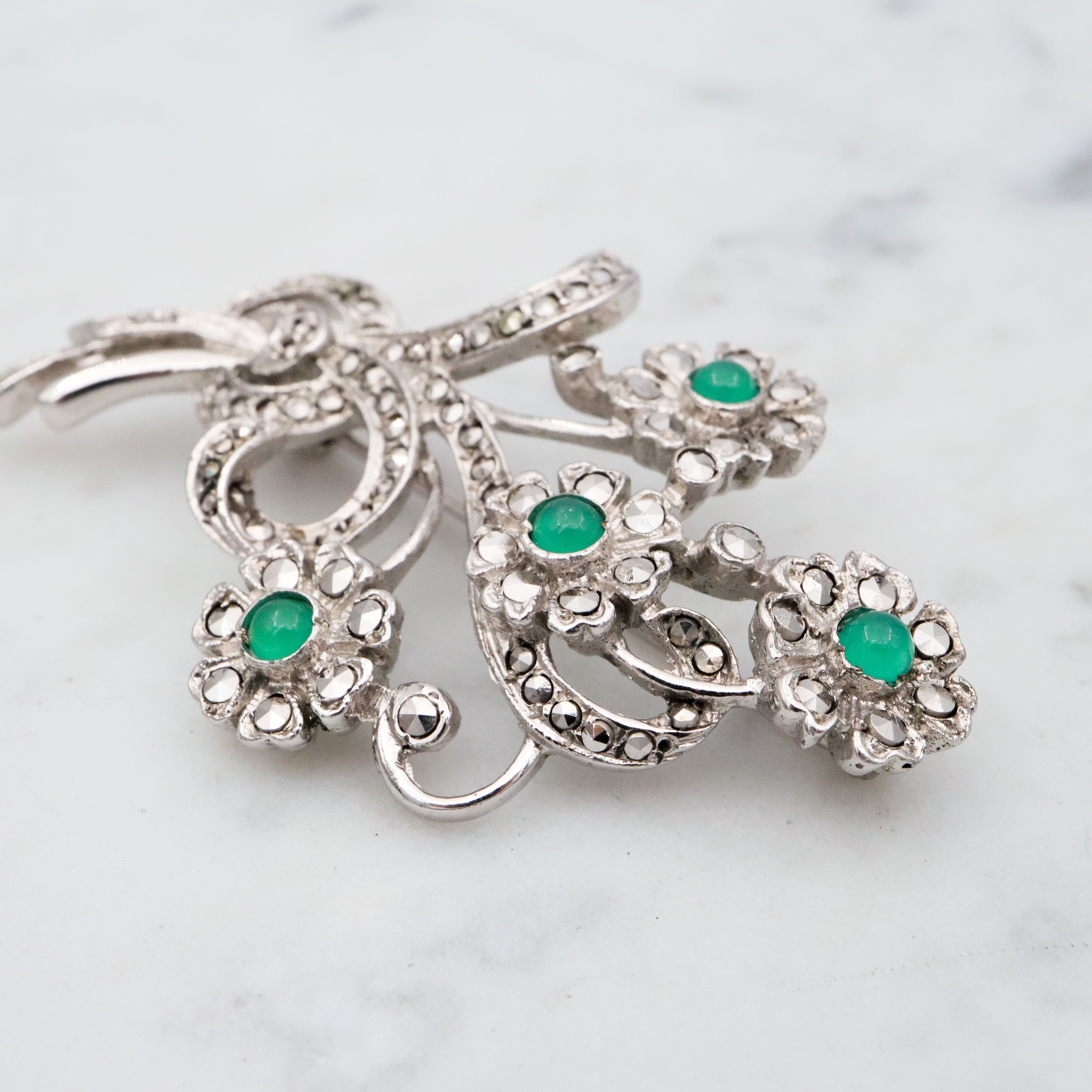 Antique Art Deco sterling marcasite flower brooch w/chrysoprase by Bliss Brothers