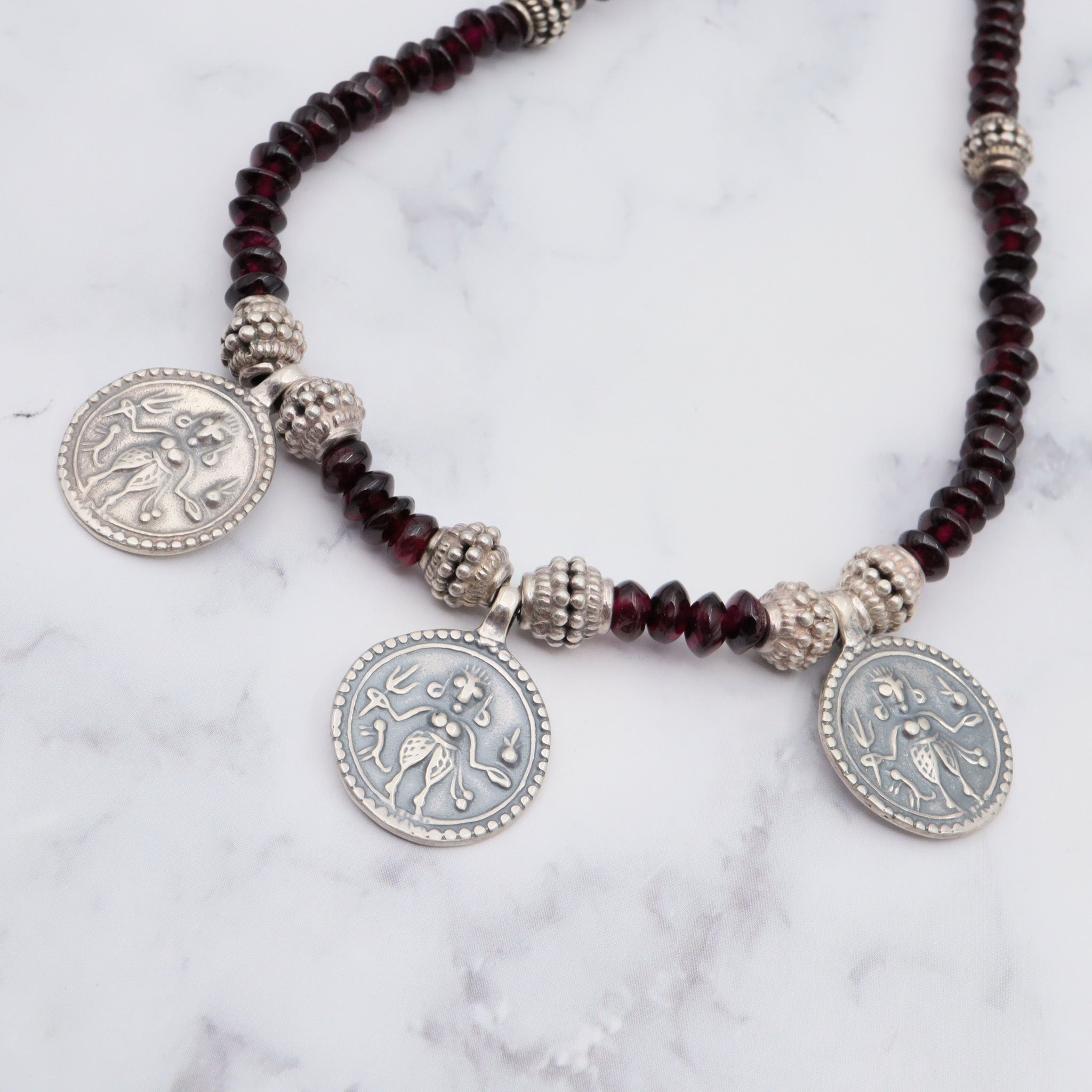 Vintage sterling garnet tribal necklace, 18"