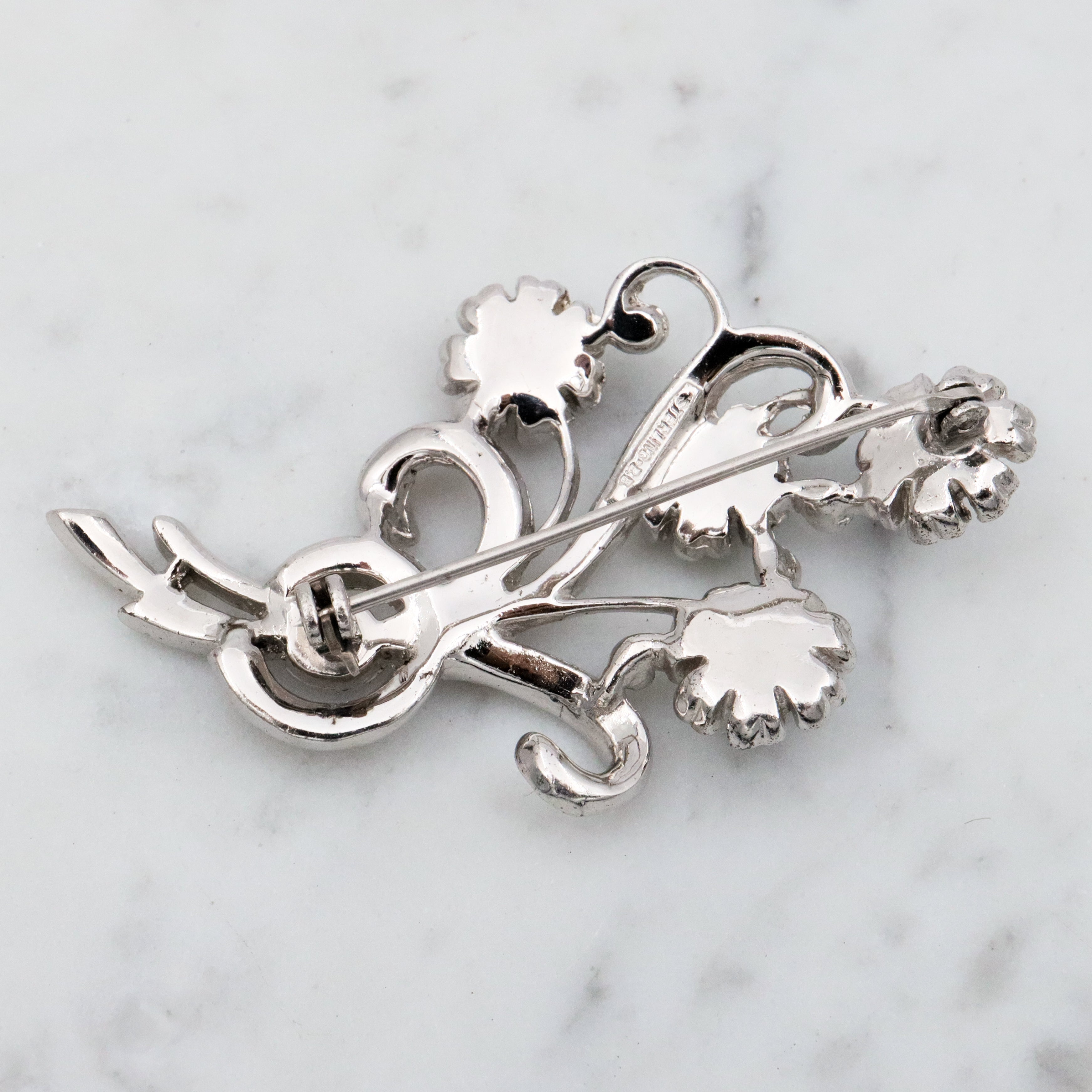 Antique Art Deco sterling marcasite flower brooch w/chrysoprase by Bliss Brothers