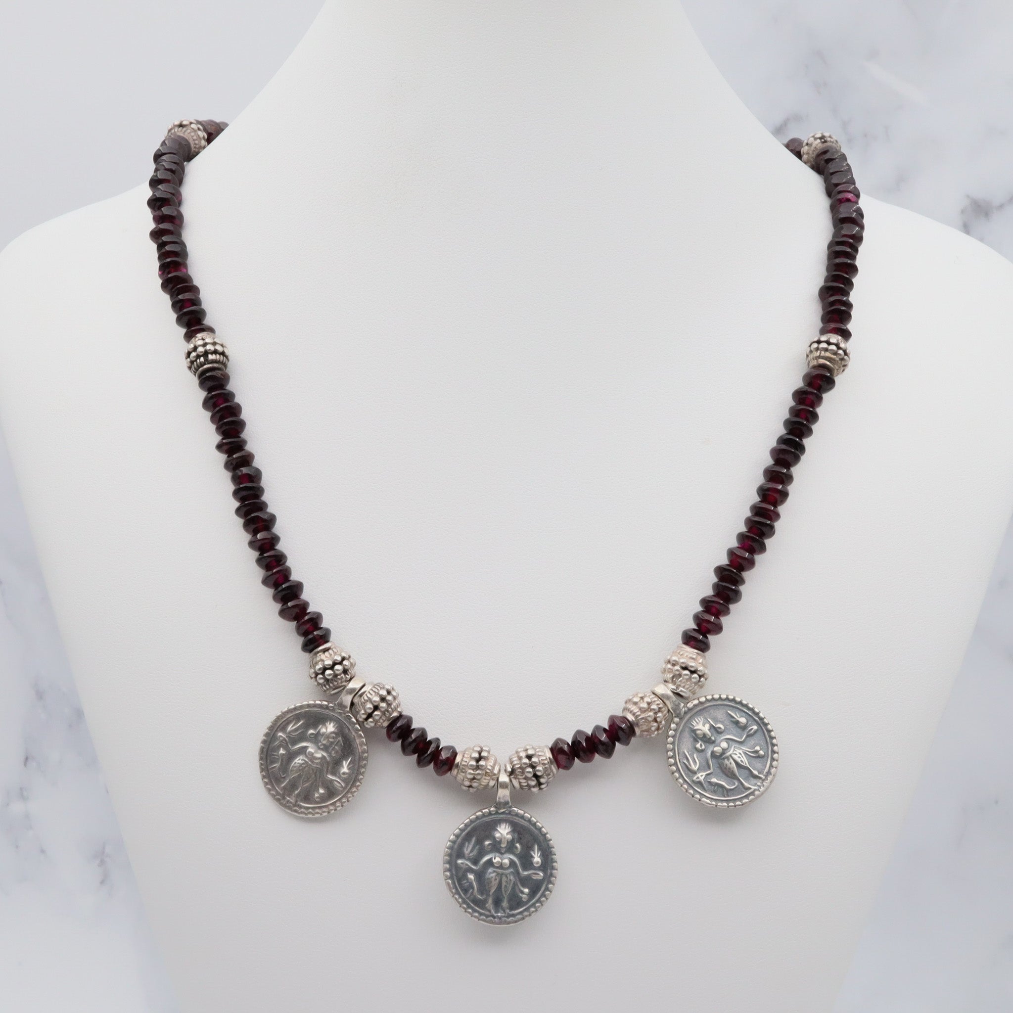 Vintage sterling garnet tribal necklace, 18"