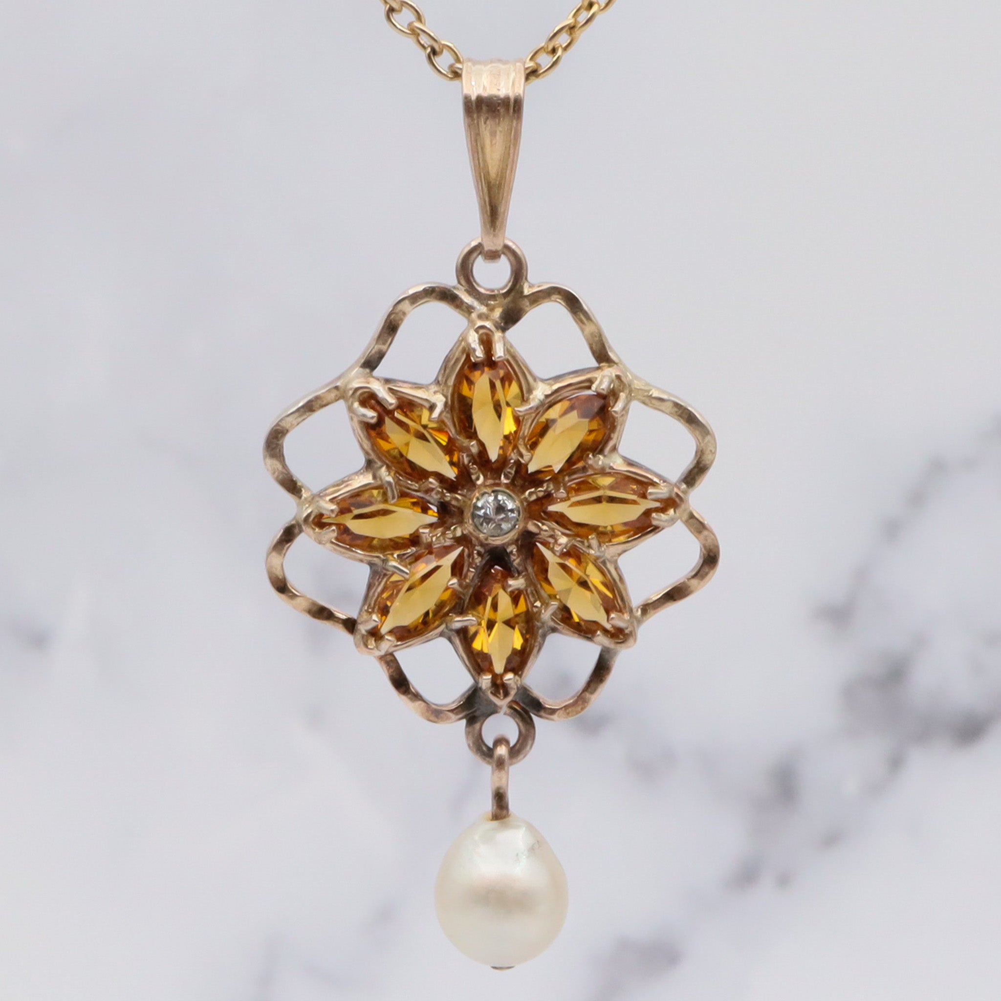 Antique 10k gold paste and cultured pearl flower pendant