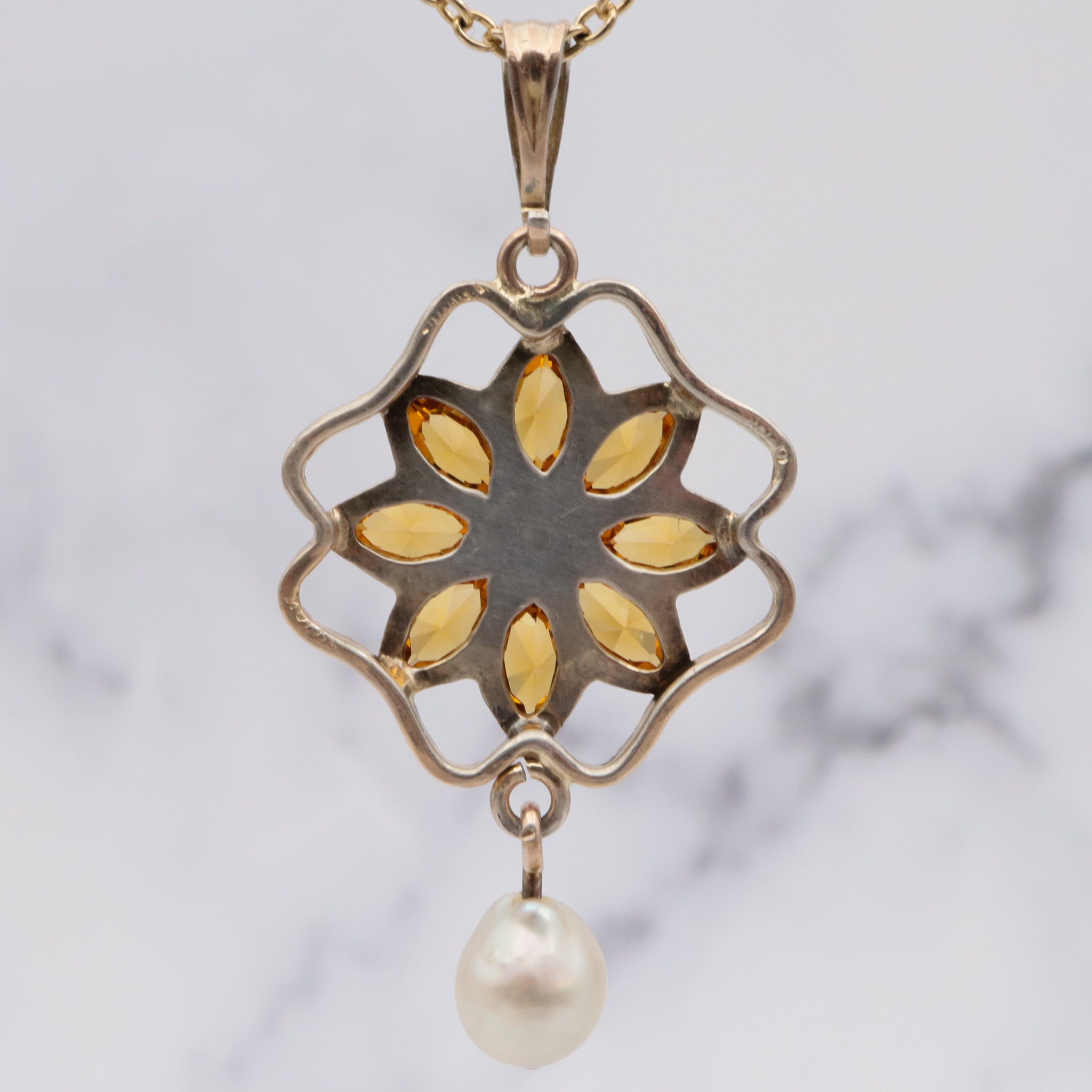 Antique 10k gold paste and cultured pearl flower pendant