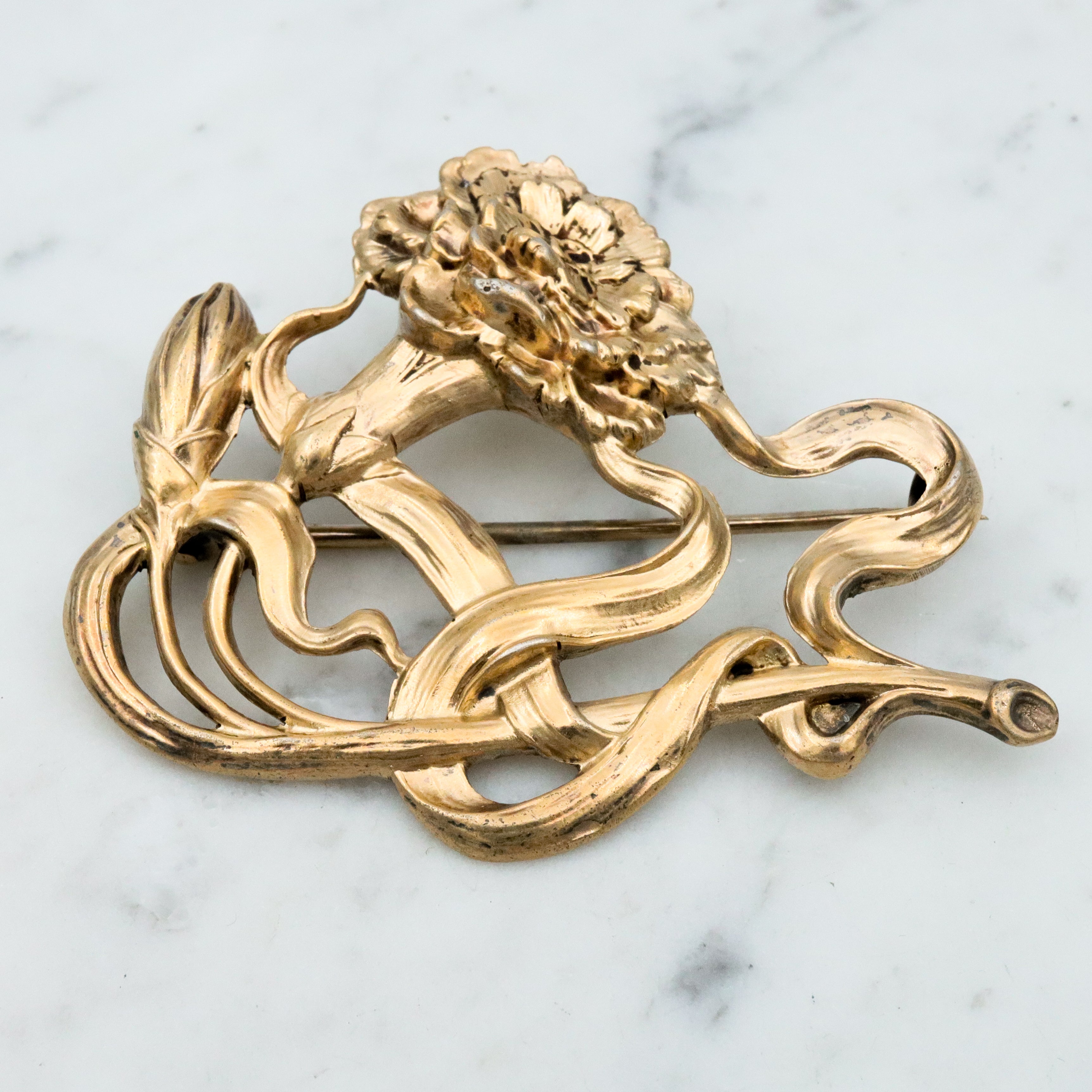 Large Antique Art Nouveau Unger Brothers vermeil sterling carnation brooch
