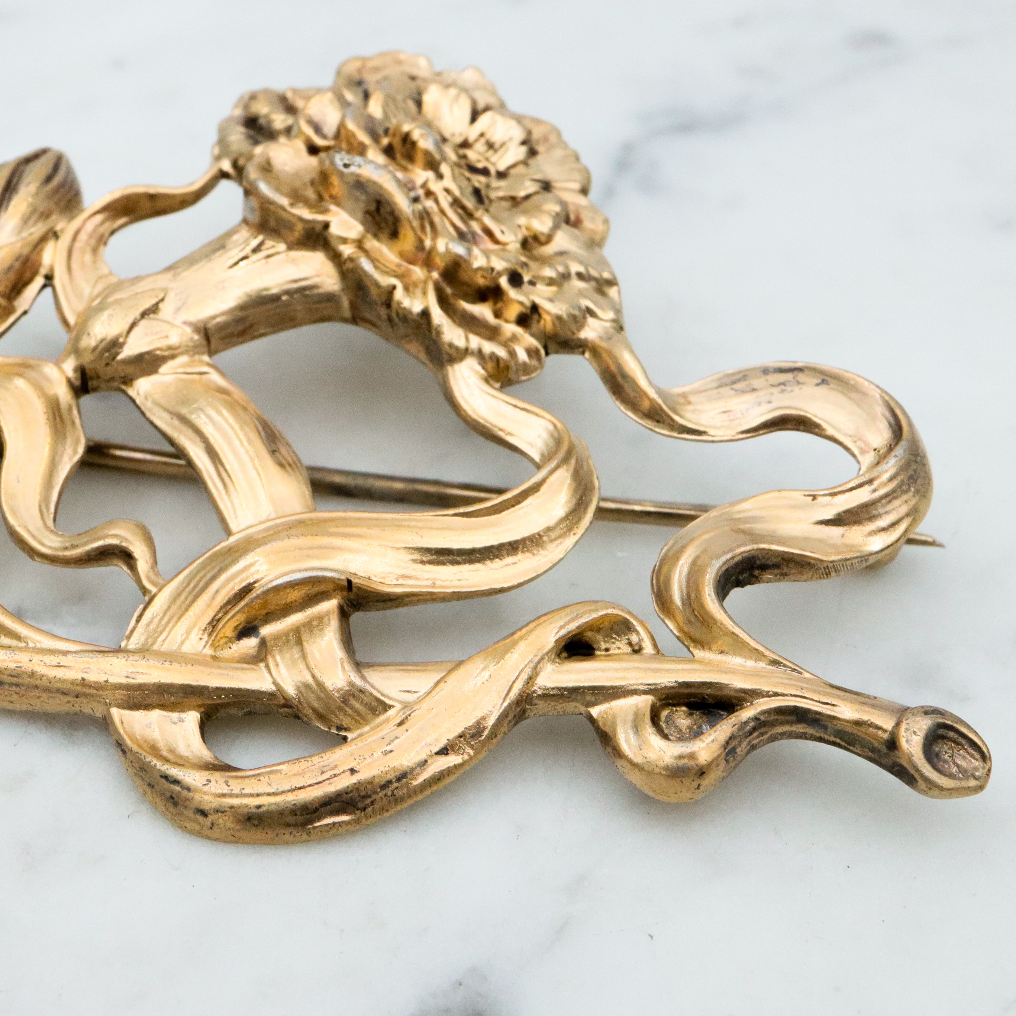 Large Antique Art Nouveau Unger Brothers vermeil sterling carnation brooch