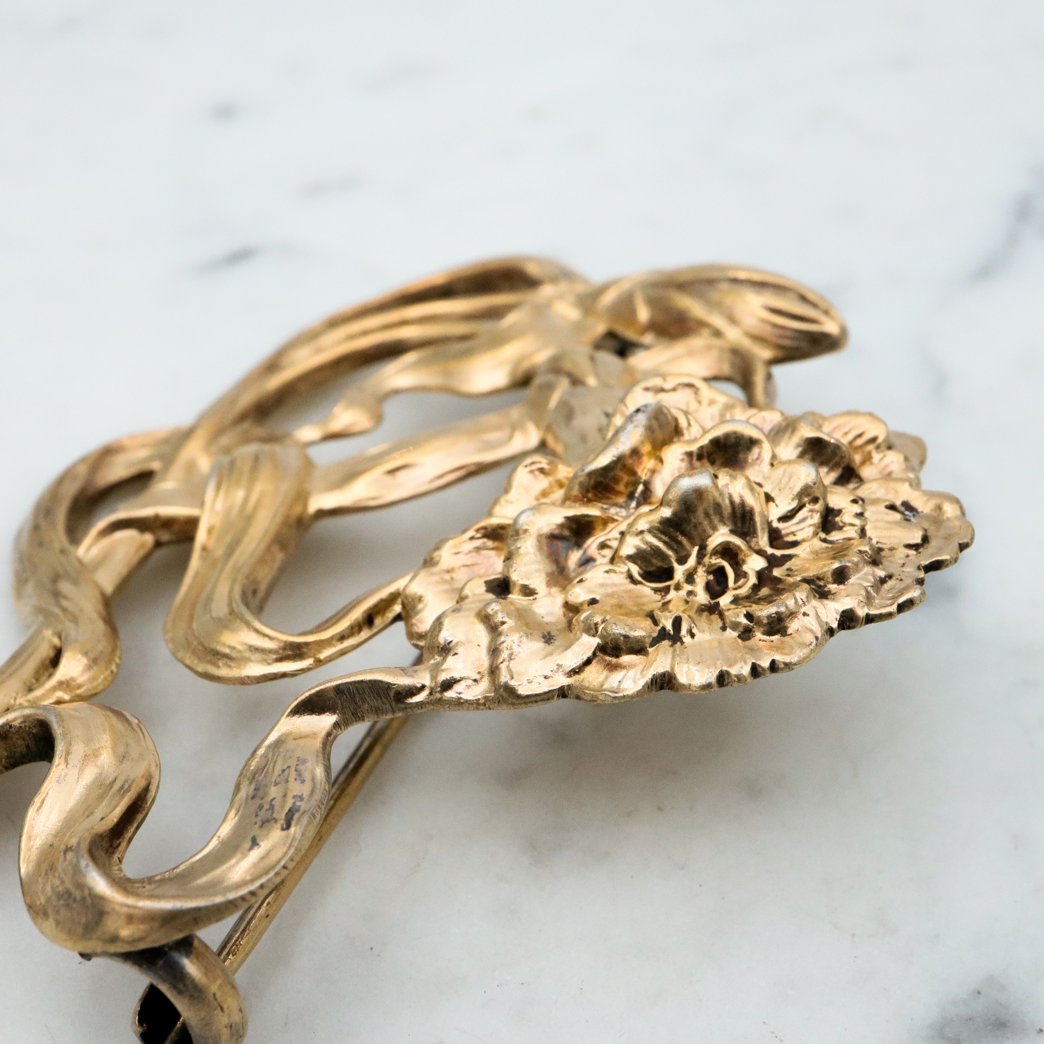 Large Antique Art Nouveau Unger Brothers vermeil sterling carnation brooch