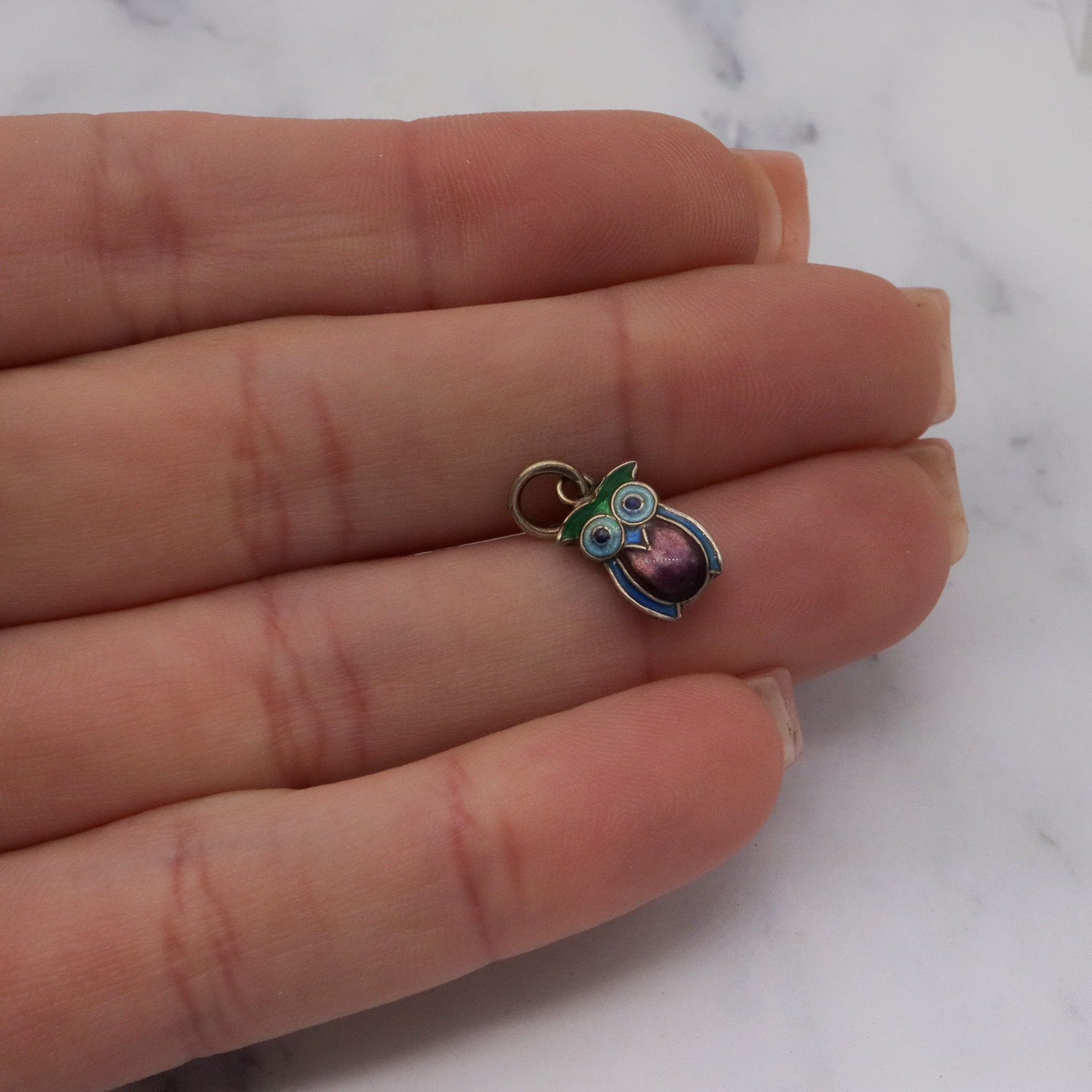 Vintage Chinese export sterling silver & cloisonne enamel double sided owl charm