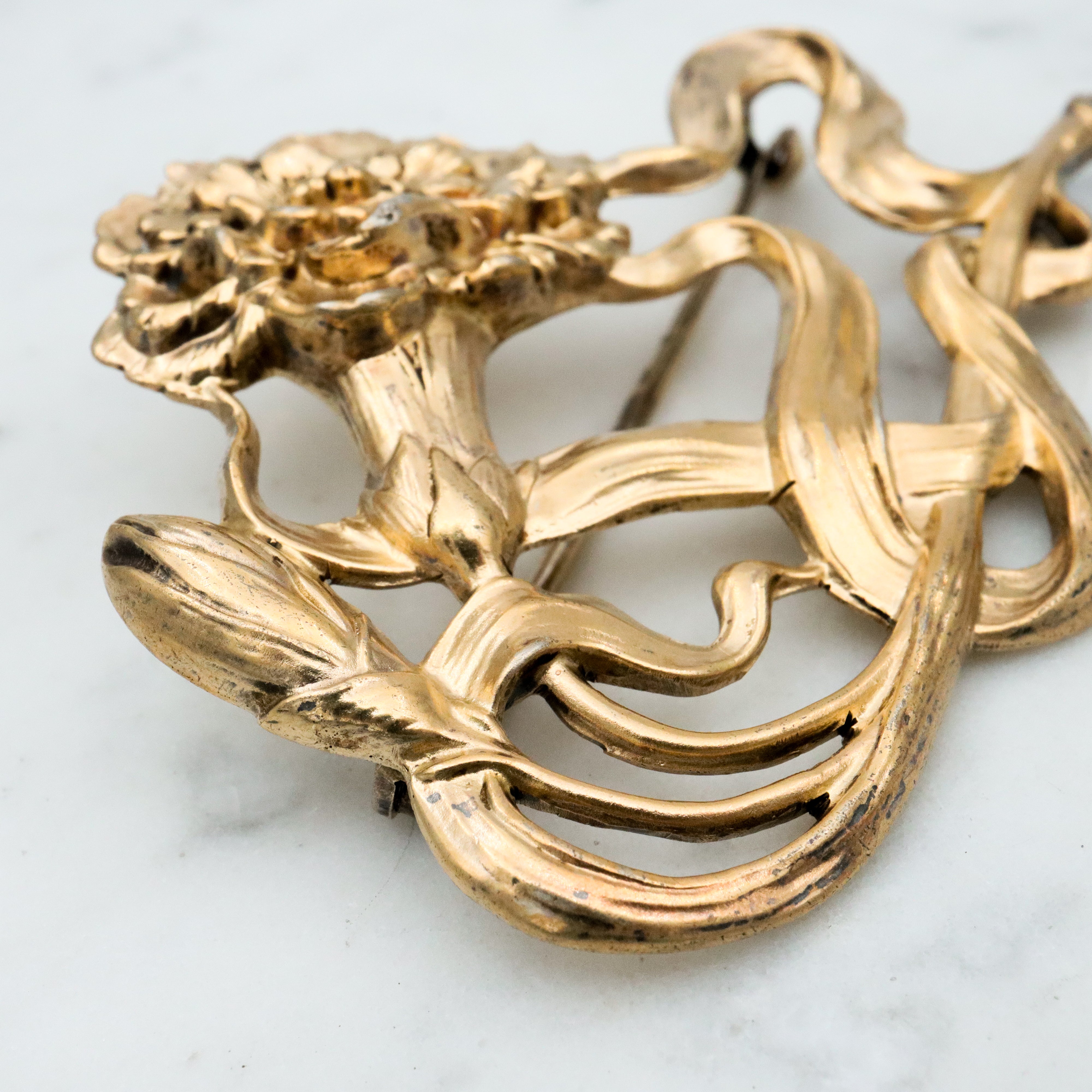 Large Antique Art Nouveau Unger Brothers vermeil sterling carnation brooch