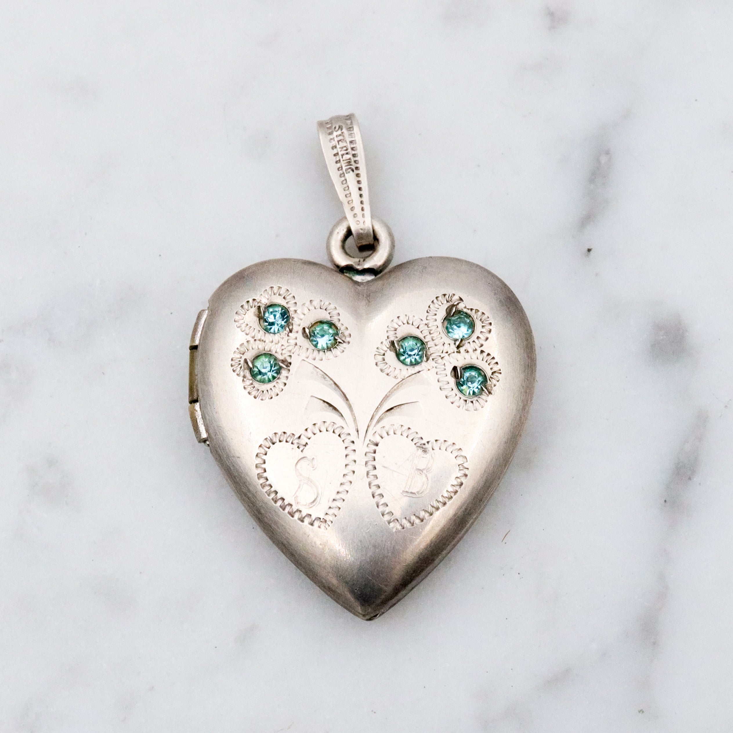 Antique sterling heart locket w/aqua paste gems
