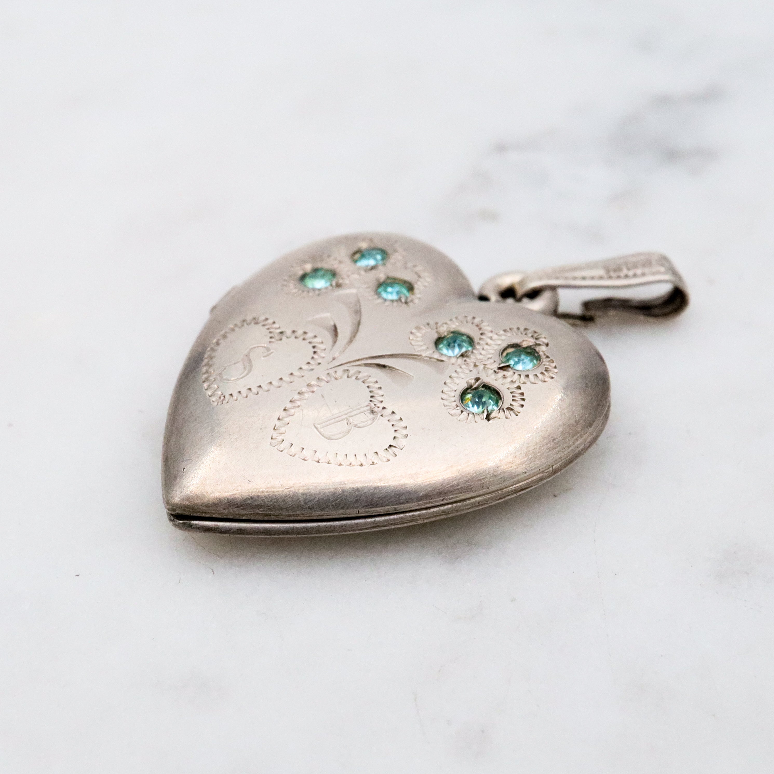 Antique sterling heart locket w/aqua paste gems