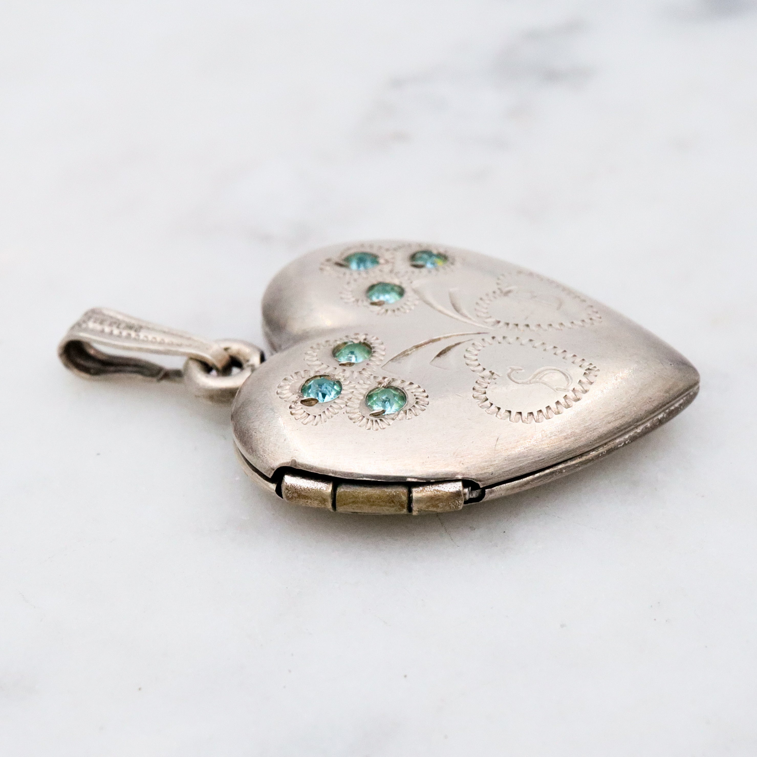 Antique sterling heart locket w/aqua paste gems