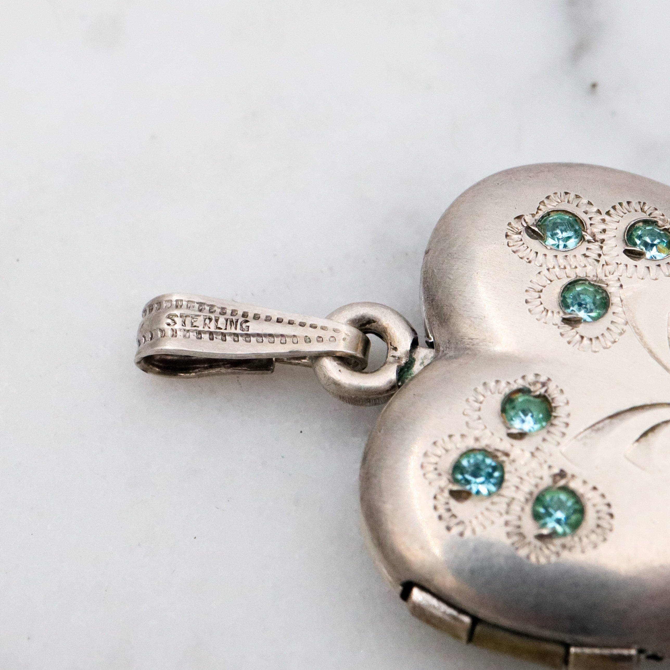 Antique sterling heart locket w/aqua paste gems