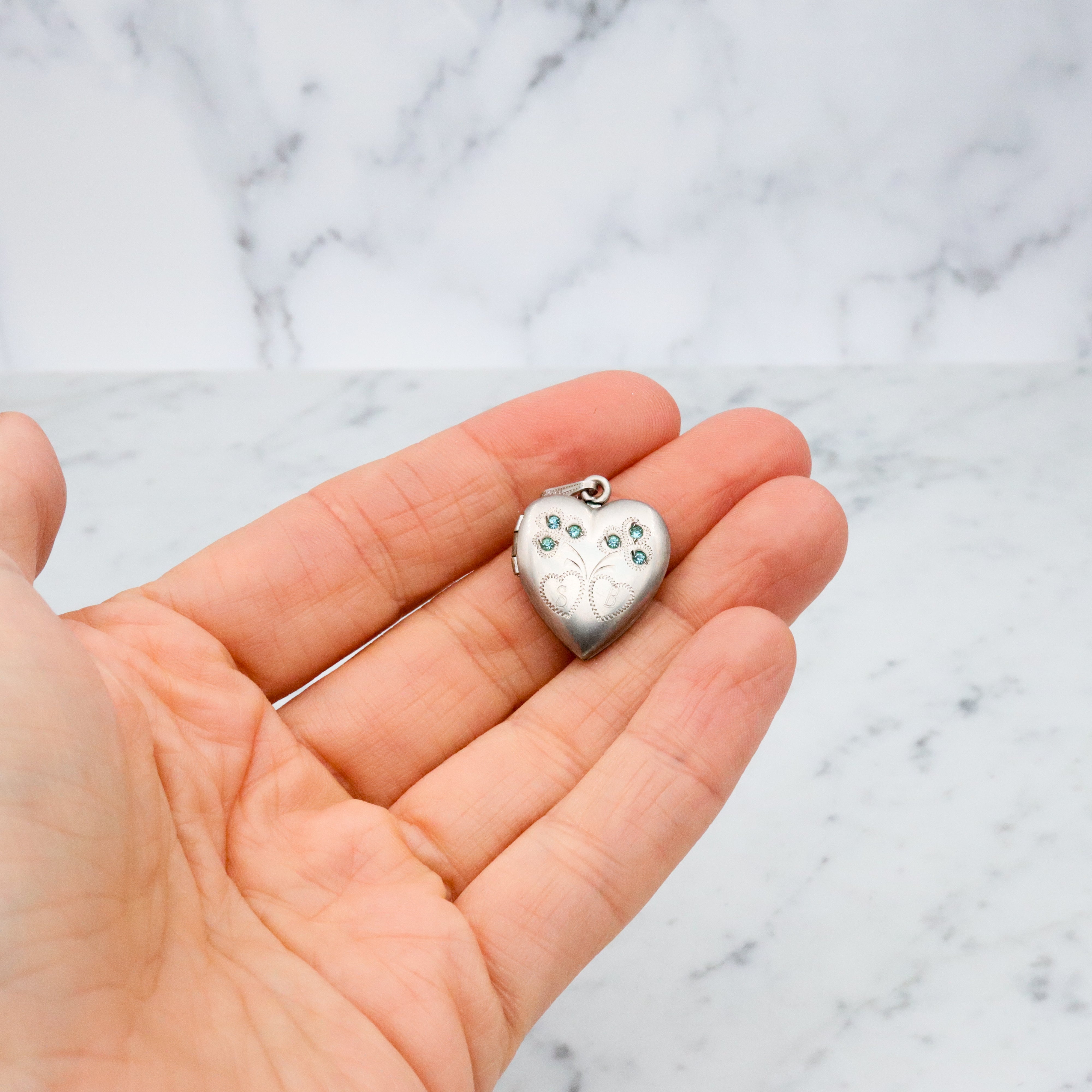 Antique sterling heart locket w/aqua paste gems