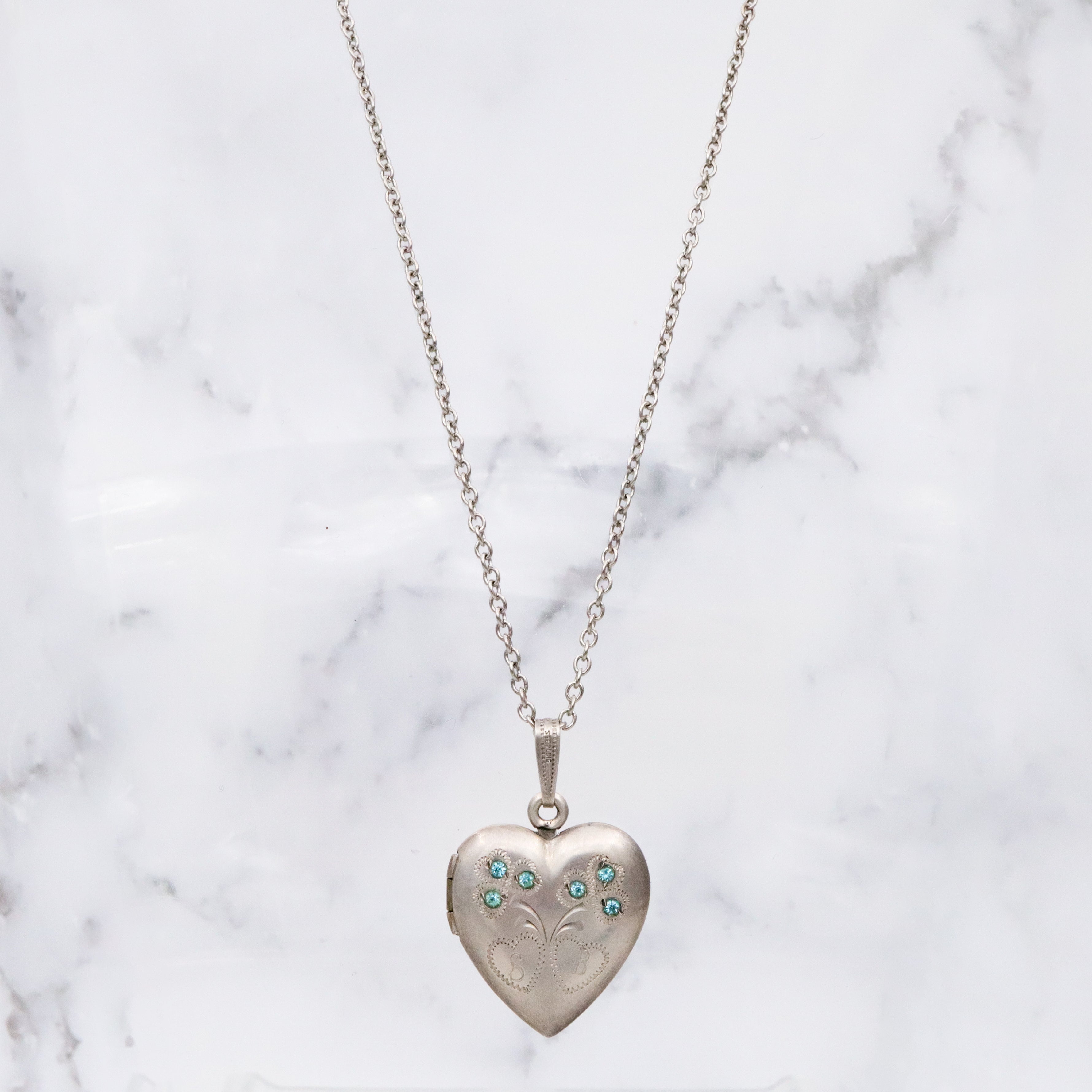 Antique sterling heart locket w/aqua paste gems