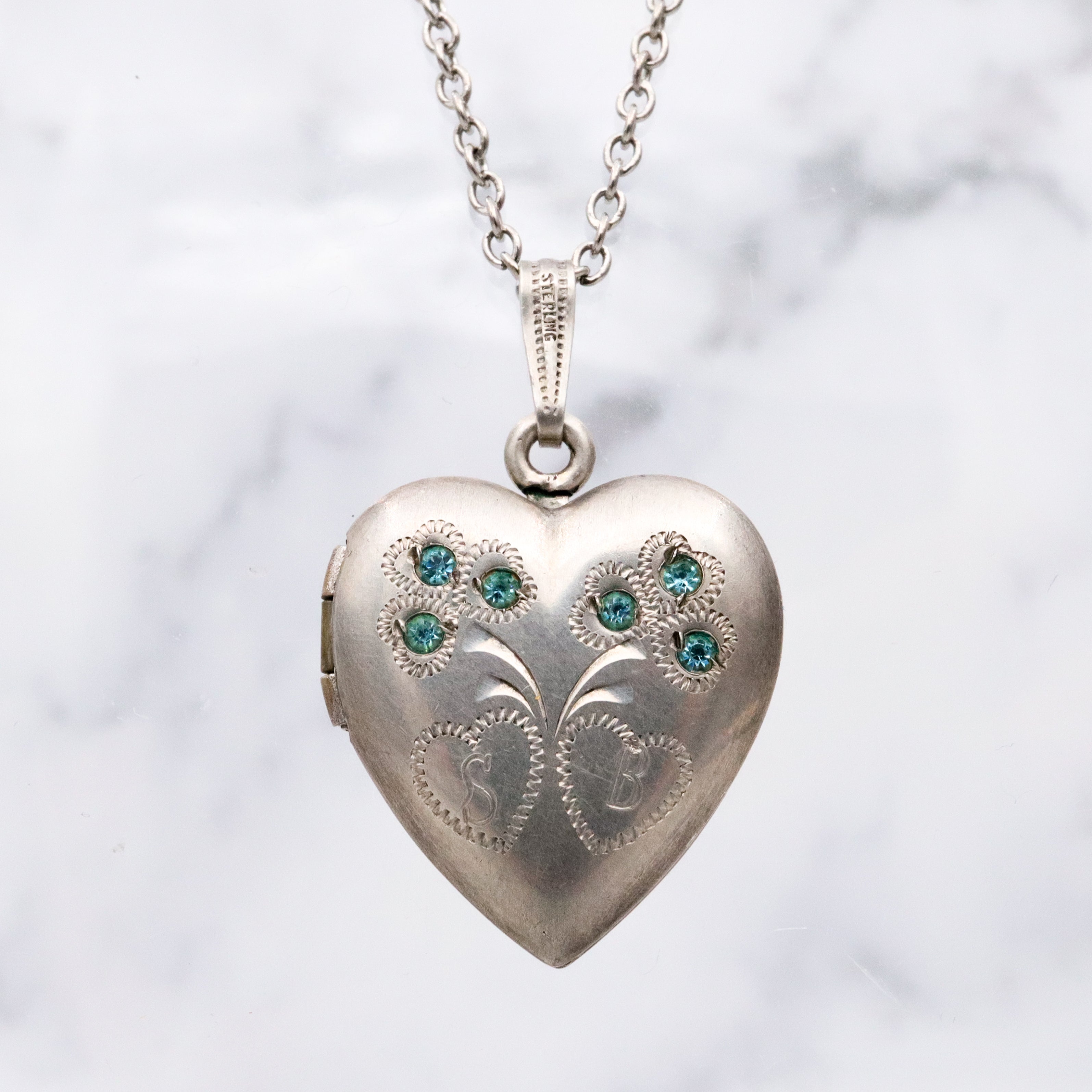 Antique sterling heart locket w/aqua paste gems
