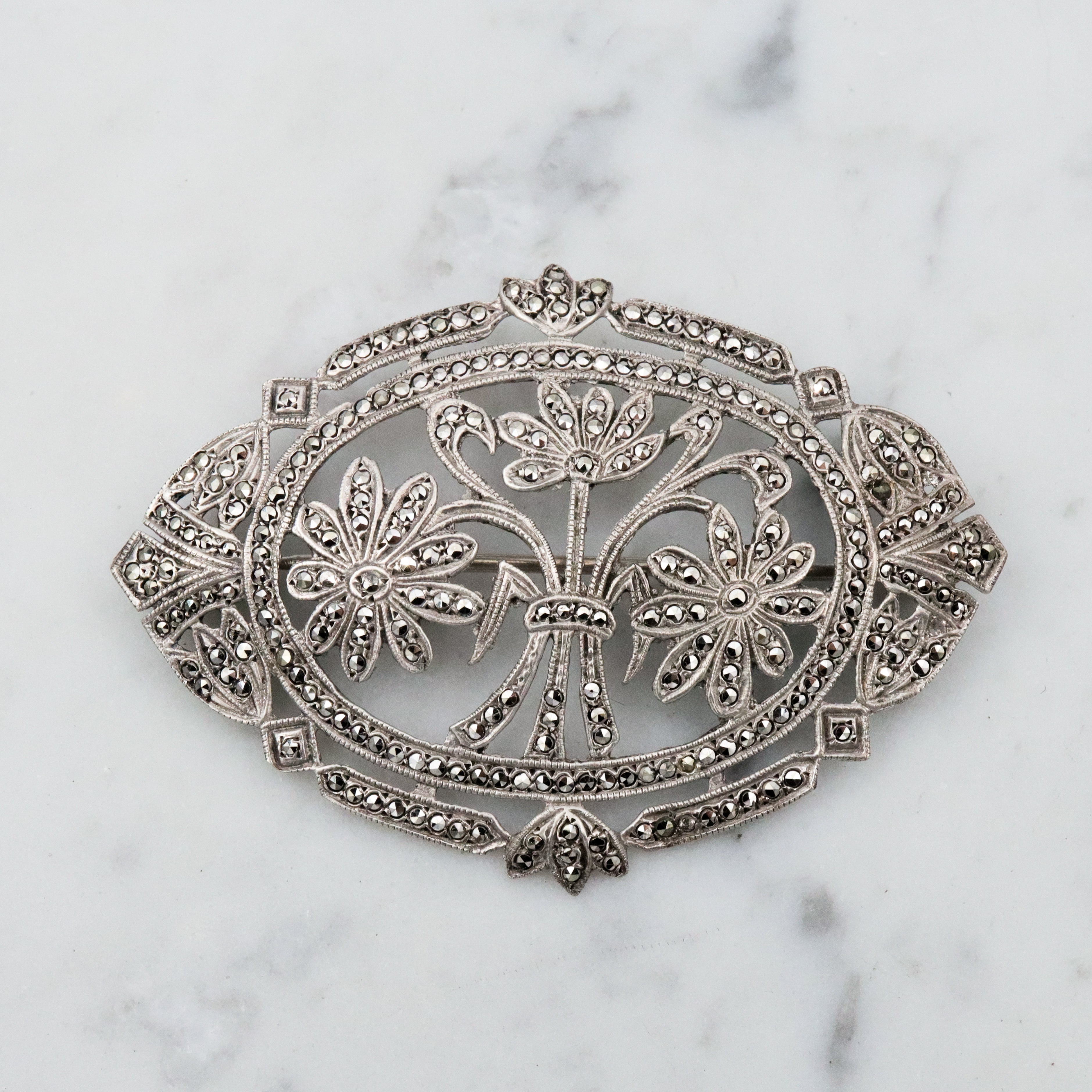 Large Antique Art Deco sterling marcasite floral brooch