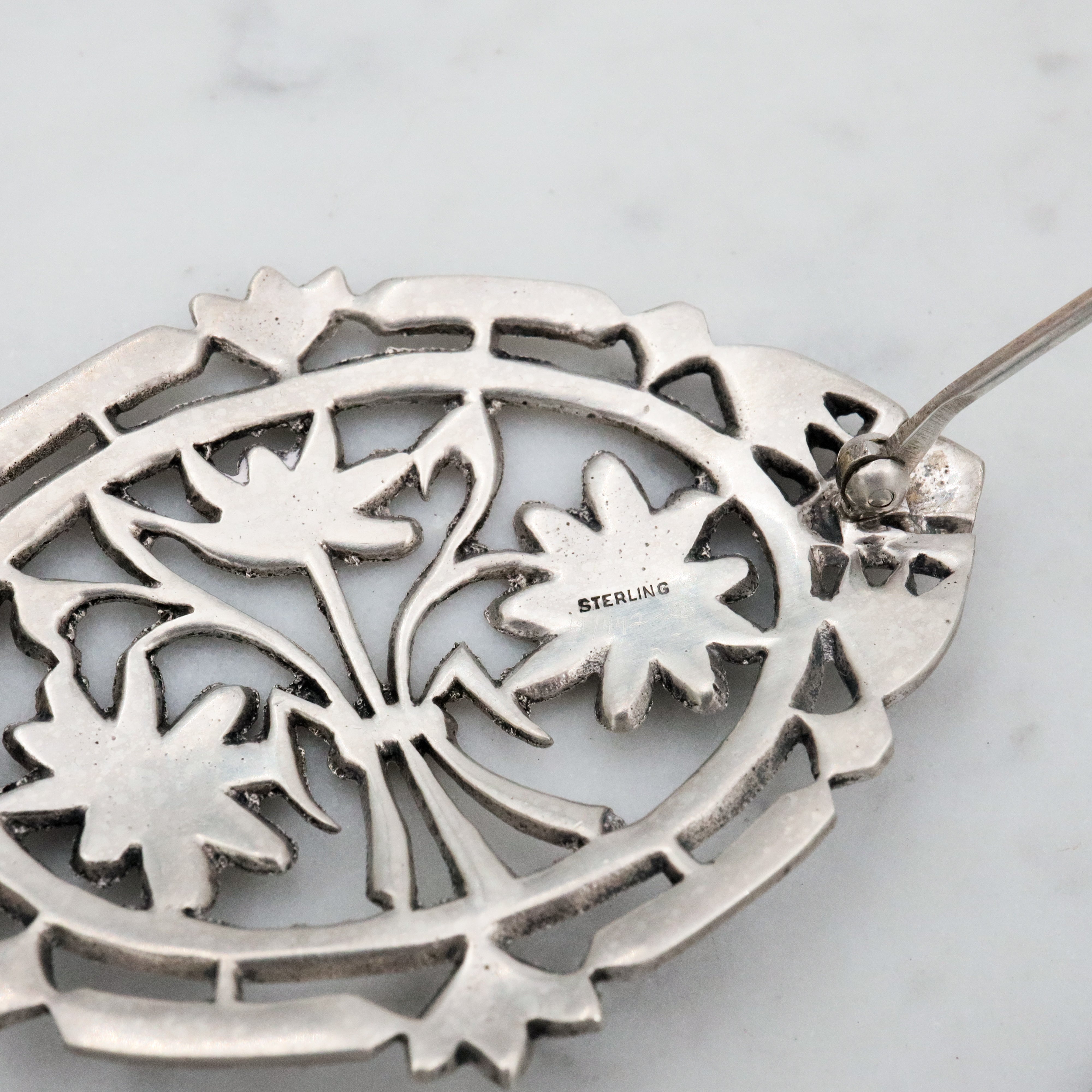 Large Antique Art Deco sterling marcasite floral brooch