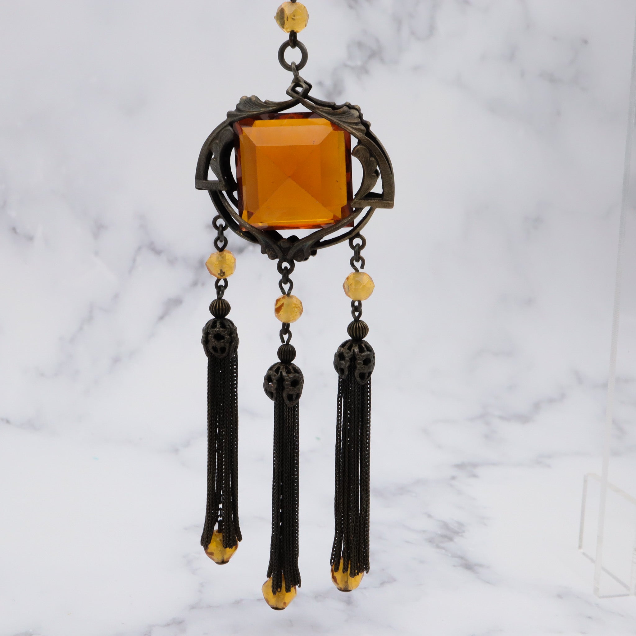 Antique Art Nouveau brass & amber glass necklace, 25