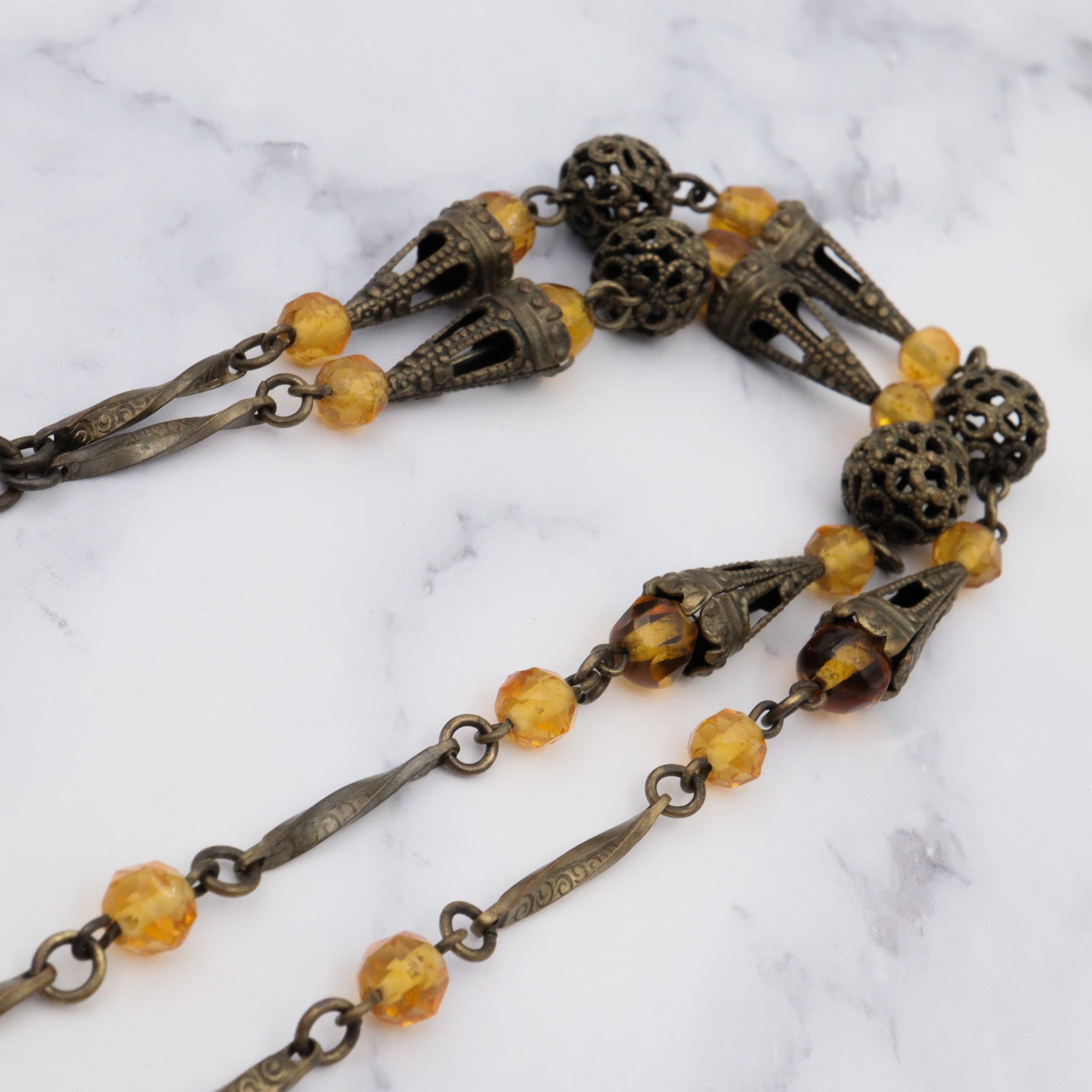 Antique Art Nouveau brass & amber glass necklace, 25"
