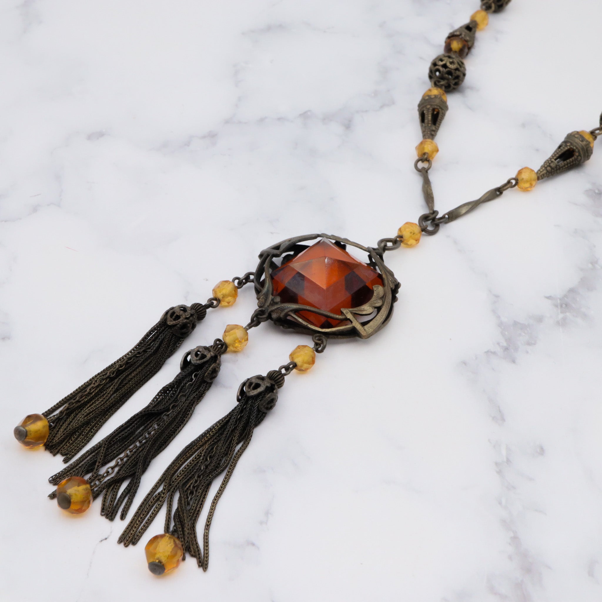 Antique Art Nouveau brass & amber glass necklace, 25"