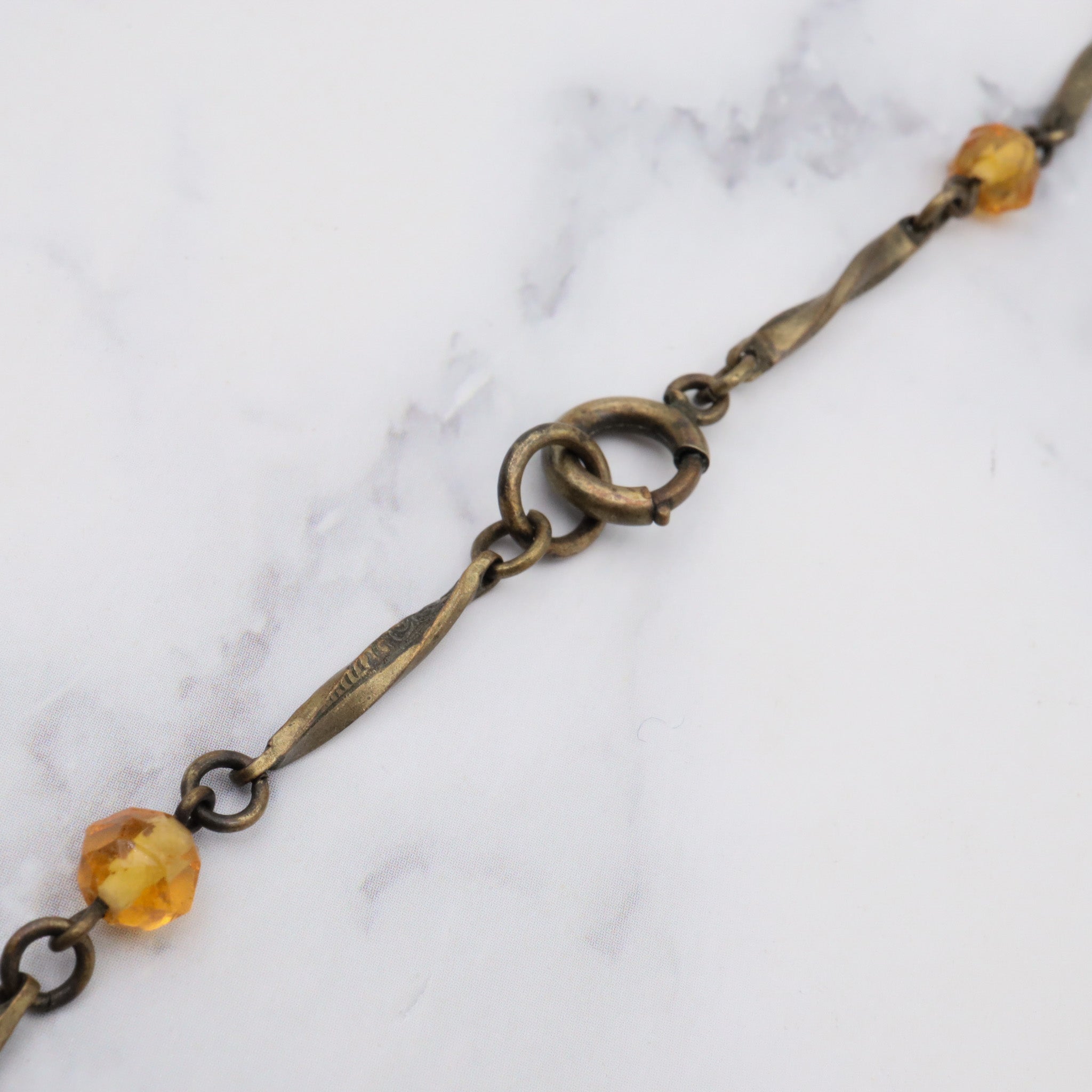 Antique Art Nouveau brass & amber glass necklace, 25"