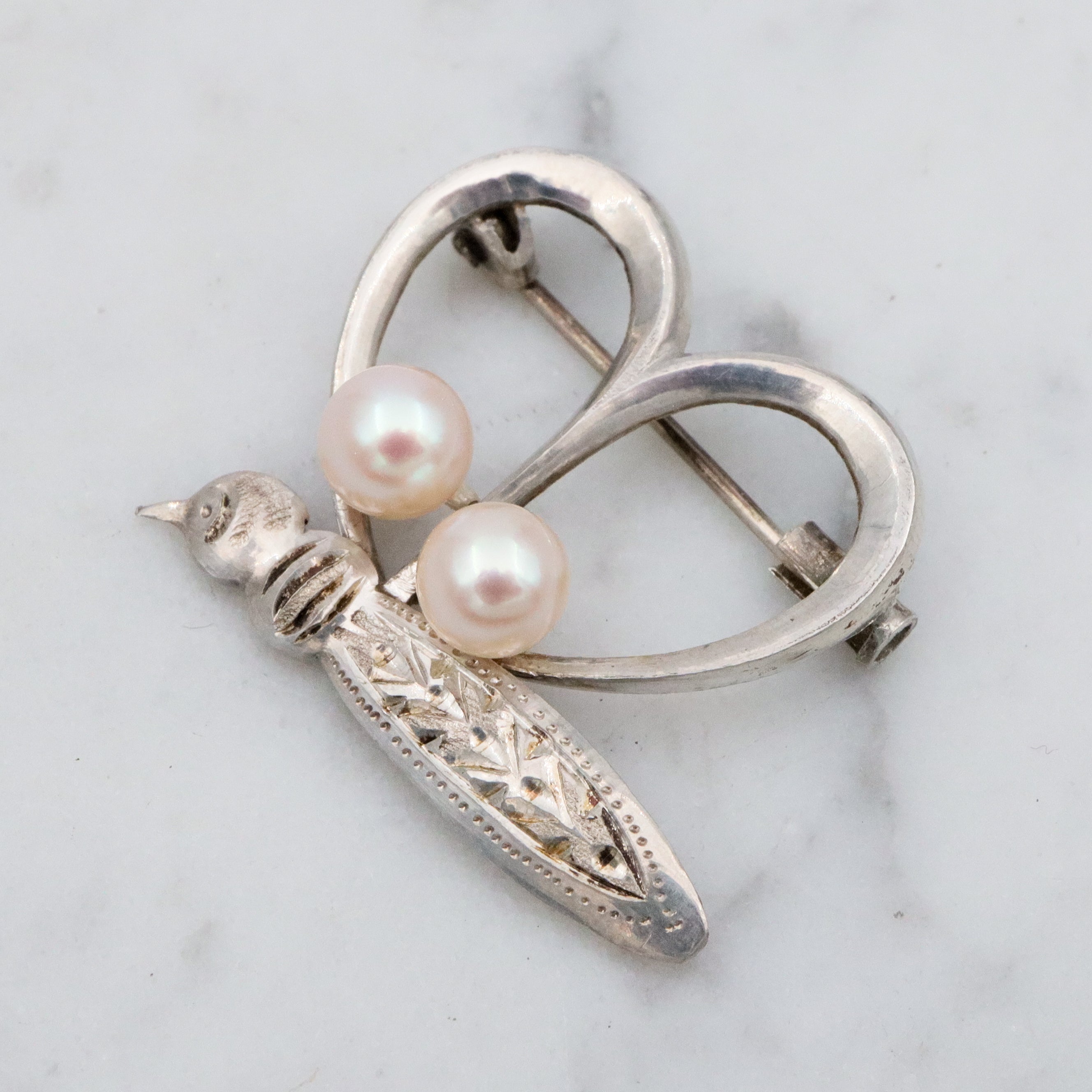 Petite Mid Century sterling & pearl butterfly brooch