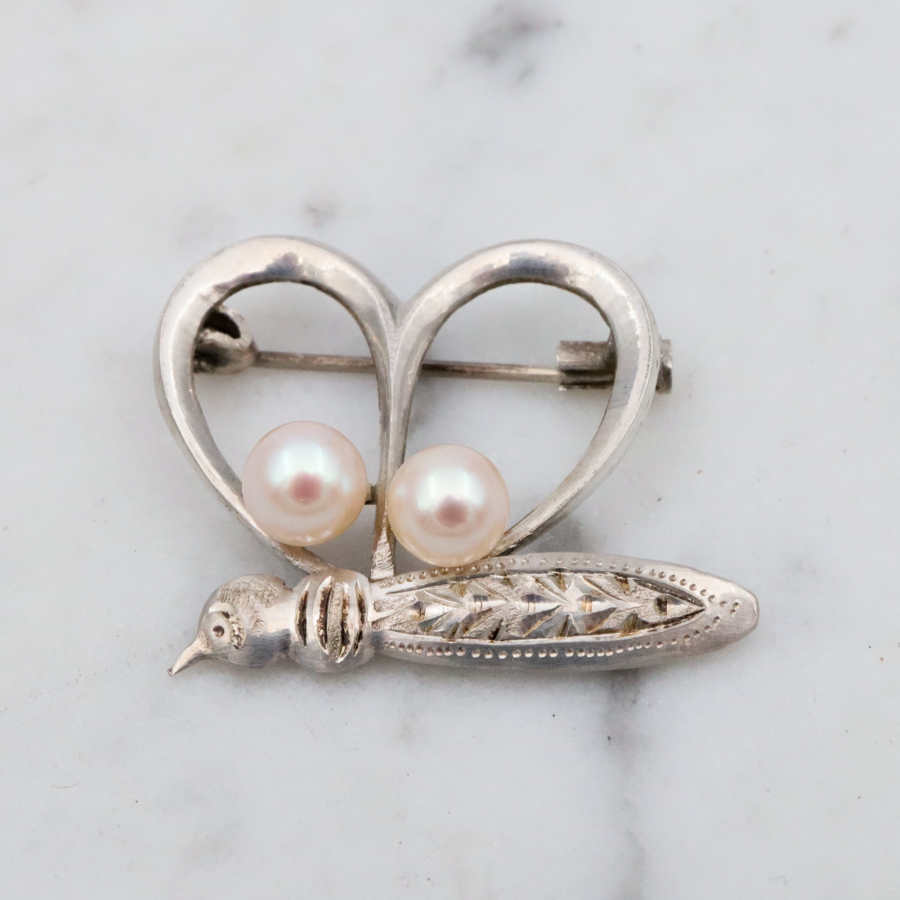 Petite Mid Century sterling & pearl butterfly brooch