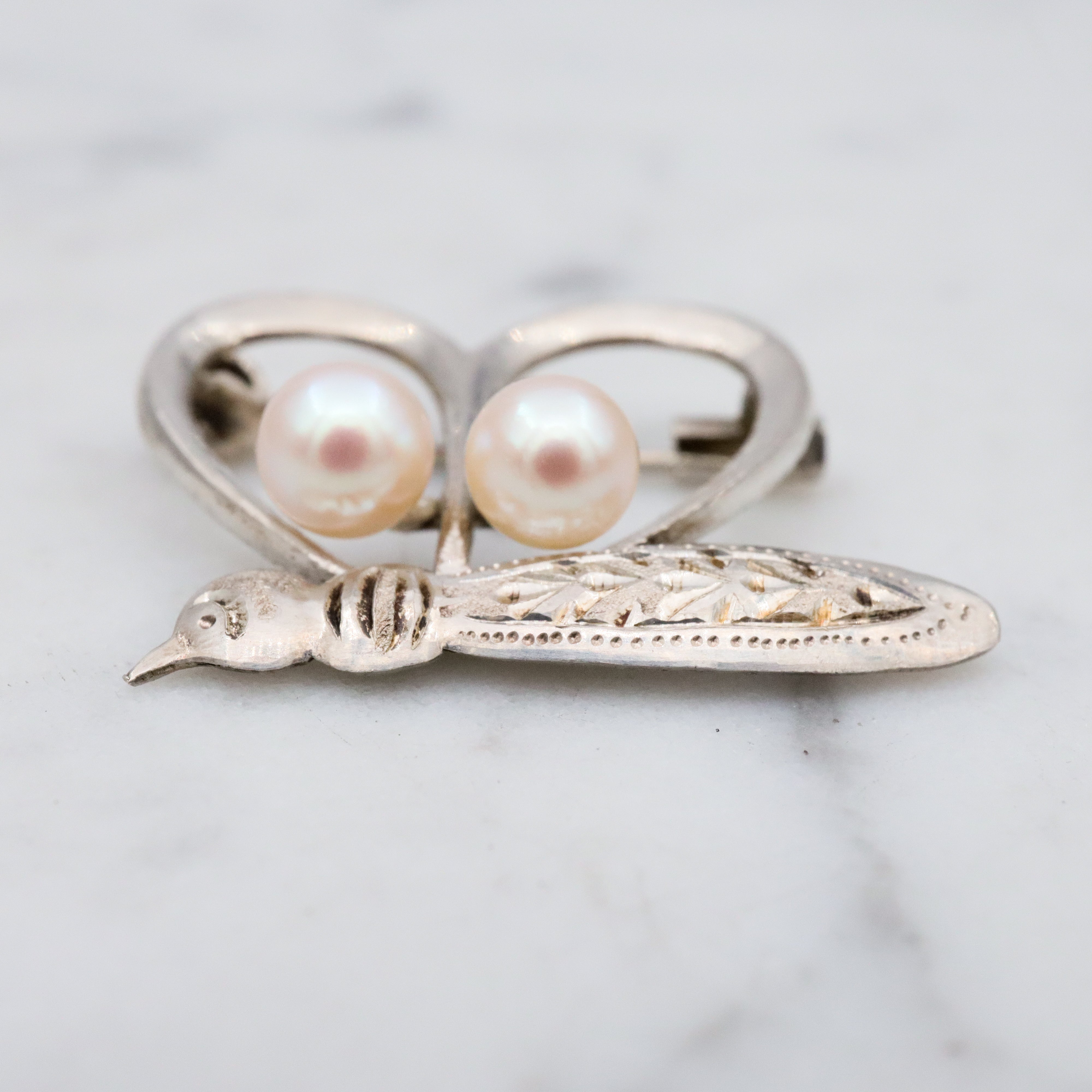 Petite Mid Century sterling & pearl butterfly brooch